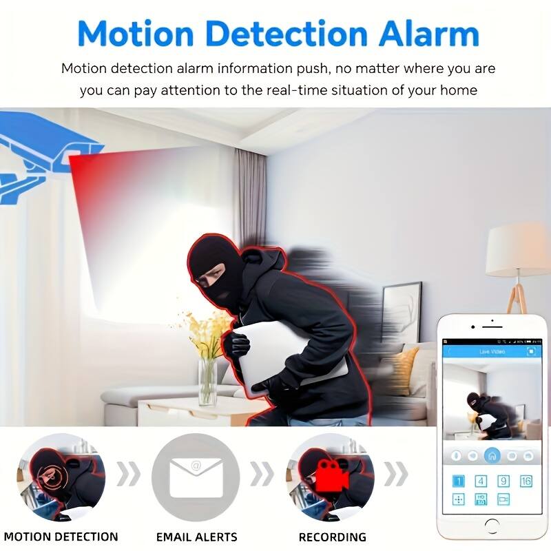 Motion Detection Alarm

Motion detection alarm information push, no matter where you are, you can pay attention to the real-time situation of your home.

- MOTION DETECTION
- EMAIL ALERTS
- RECORDING