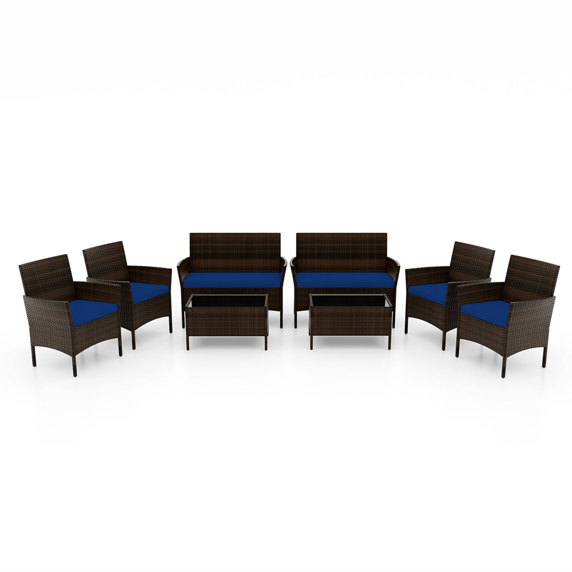 Alt View 8. Costway - 8 PCS Patio Furniture Set with Washable Cushions and Tempered Glass Coffee Table - Mix Brown + Navy.