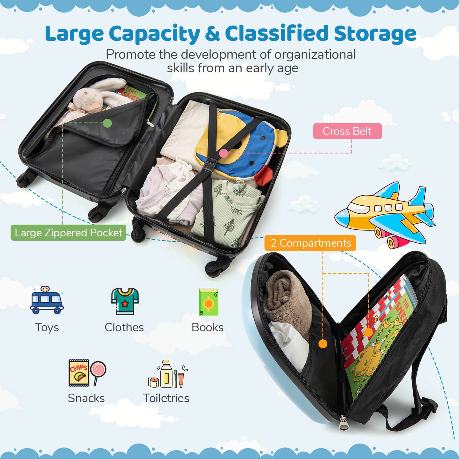 Large Capacity & Classified Storage  
Promote the development of organizational skills from an early age  

Large Zippered Pocket  
2 Compartments  

Cross Belt  

Toys  
Clothes  
Books  
Snacks  
Toiletries