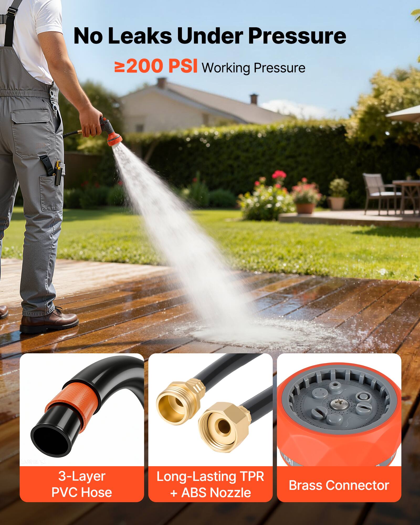 No Leaks Under Pressure  
≥200 PSI Working Pressure  

3-Layer PVC Hose  
Long-Lasting TPR + ABS Nozzle  
Brass Connector