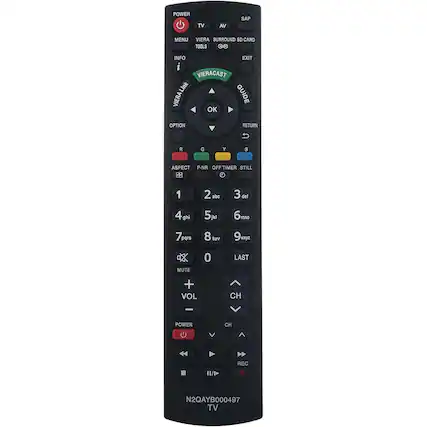POWER TV AV SAP MENU VIERA TOOLS INFO EXIT VIERACAST GUIDE OK OPTION RETURN R G Y B ASPECT P-NR OFF TIMER STILL 1 2 abc 3 def 4 ghi 5 jkl 6 mno 7 pqrs 8 tuv 9 wxyz MUTE 0 LAST + VOL CH - POWER CH 11/P REC N2QAYB000497 TV