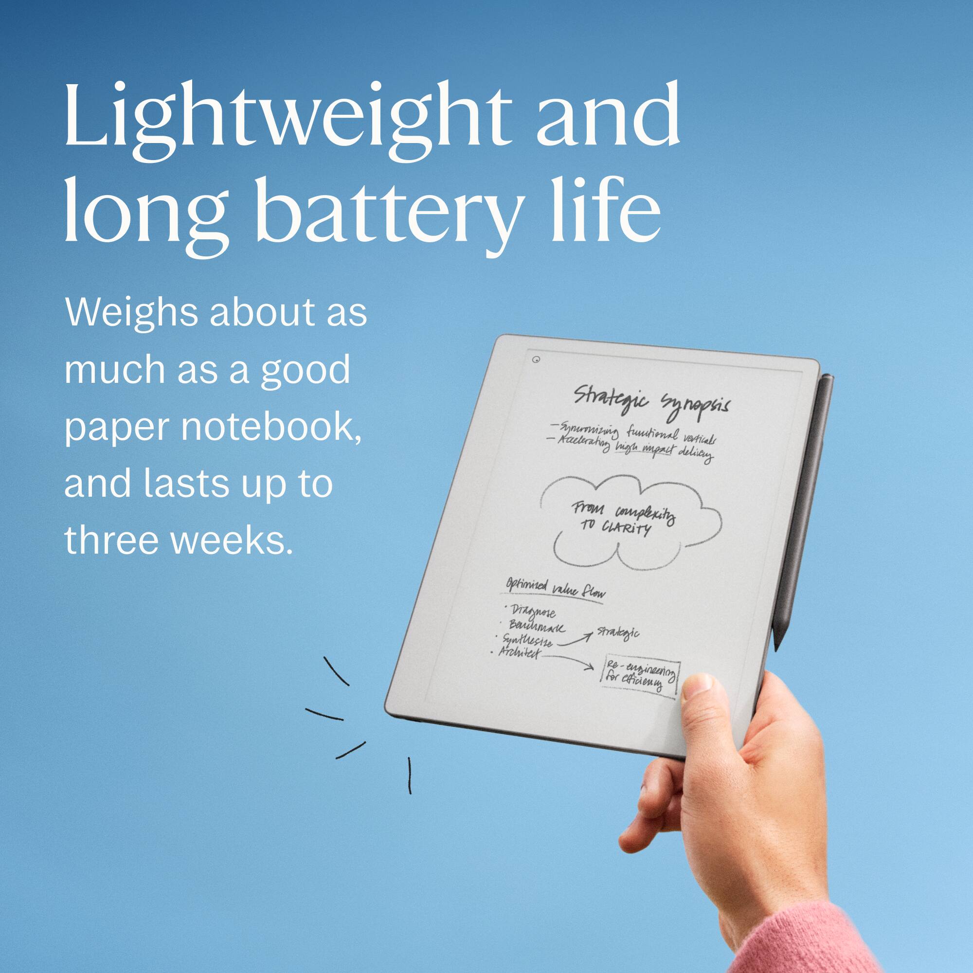 Lightweight and long battery life

Weighs about as much as a good paper notebook, and lasts up to three weeks.