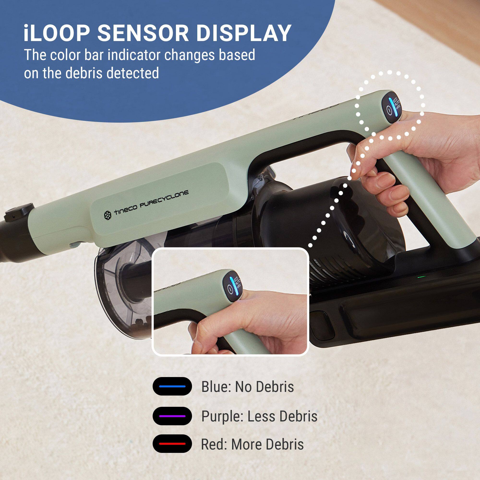 iLOOP SENSOR DISPLAY  
The color bar indicator changes based on the debris detected

tineco PURECYCLONE  
Blue: No Debris  
Purple: Less Debris  
Red: More Debris