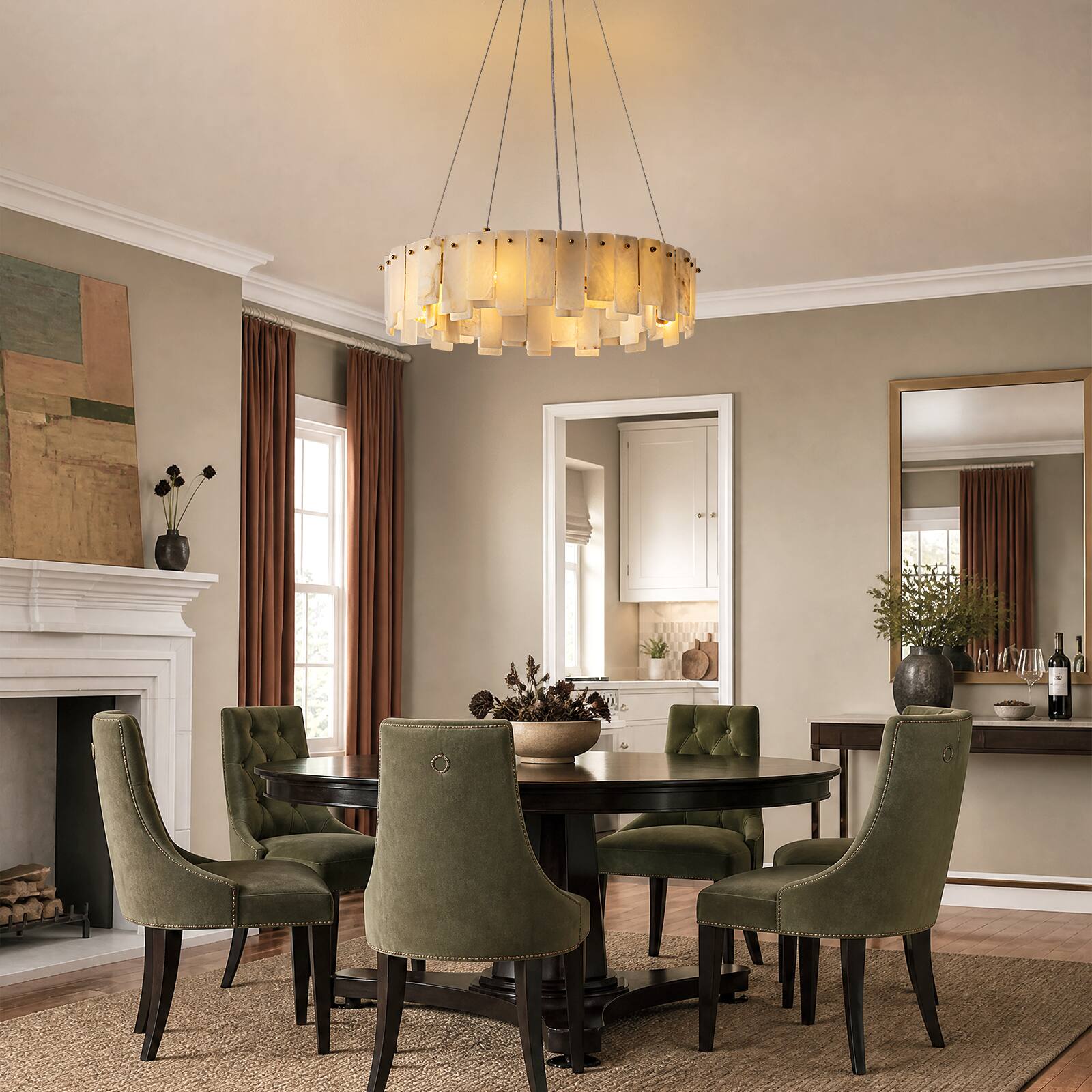 Alt View 6. Siljoy - Natural Spanish Alabaster Chandelier,24in Natural Spanish Alabaster Drum Chandeliers - Gold.