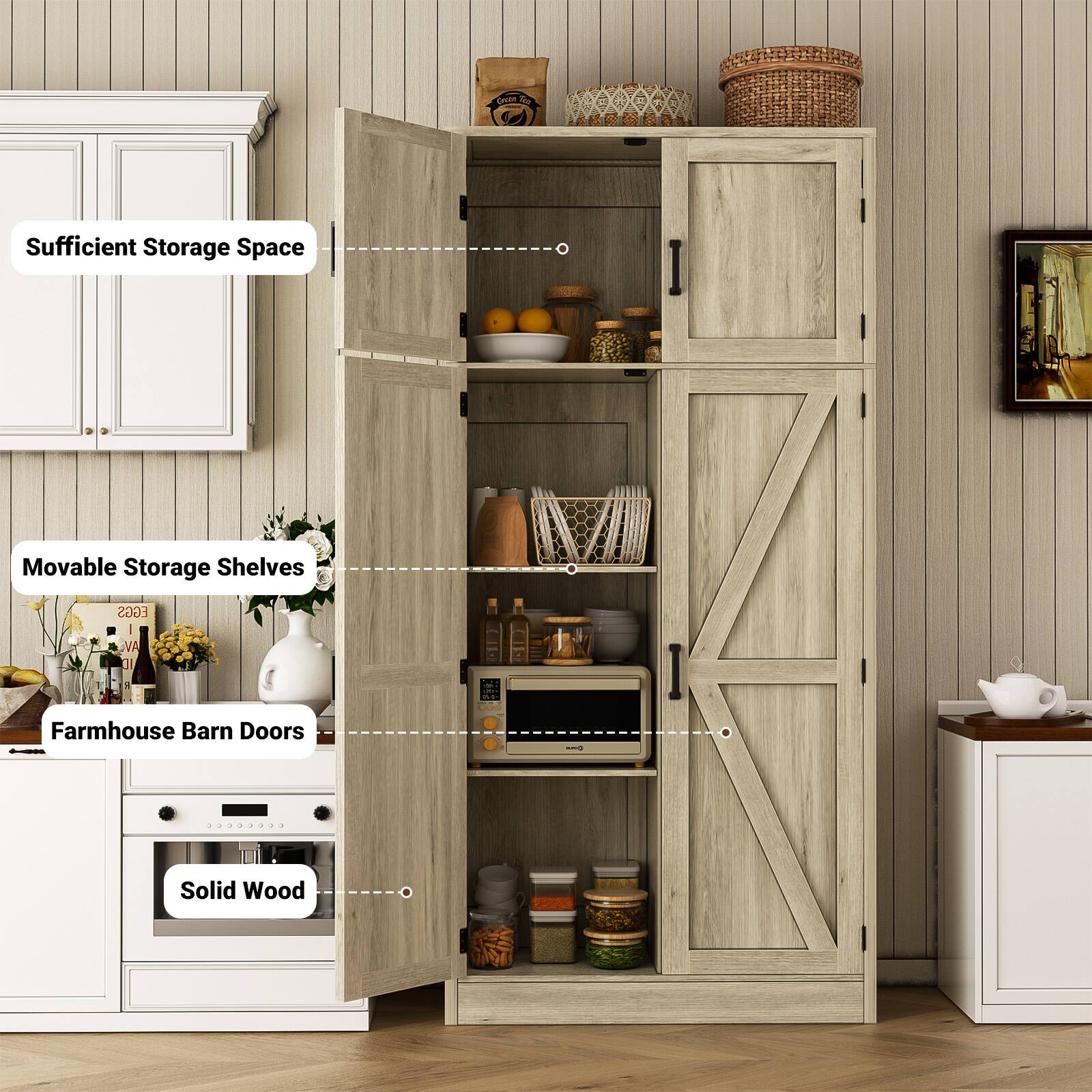 - Sufficient Storage Space
- Movable Storage Shelves
- Farmhouse Barn Doors
- Solid Wood