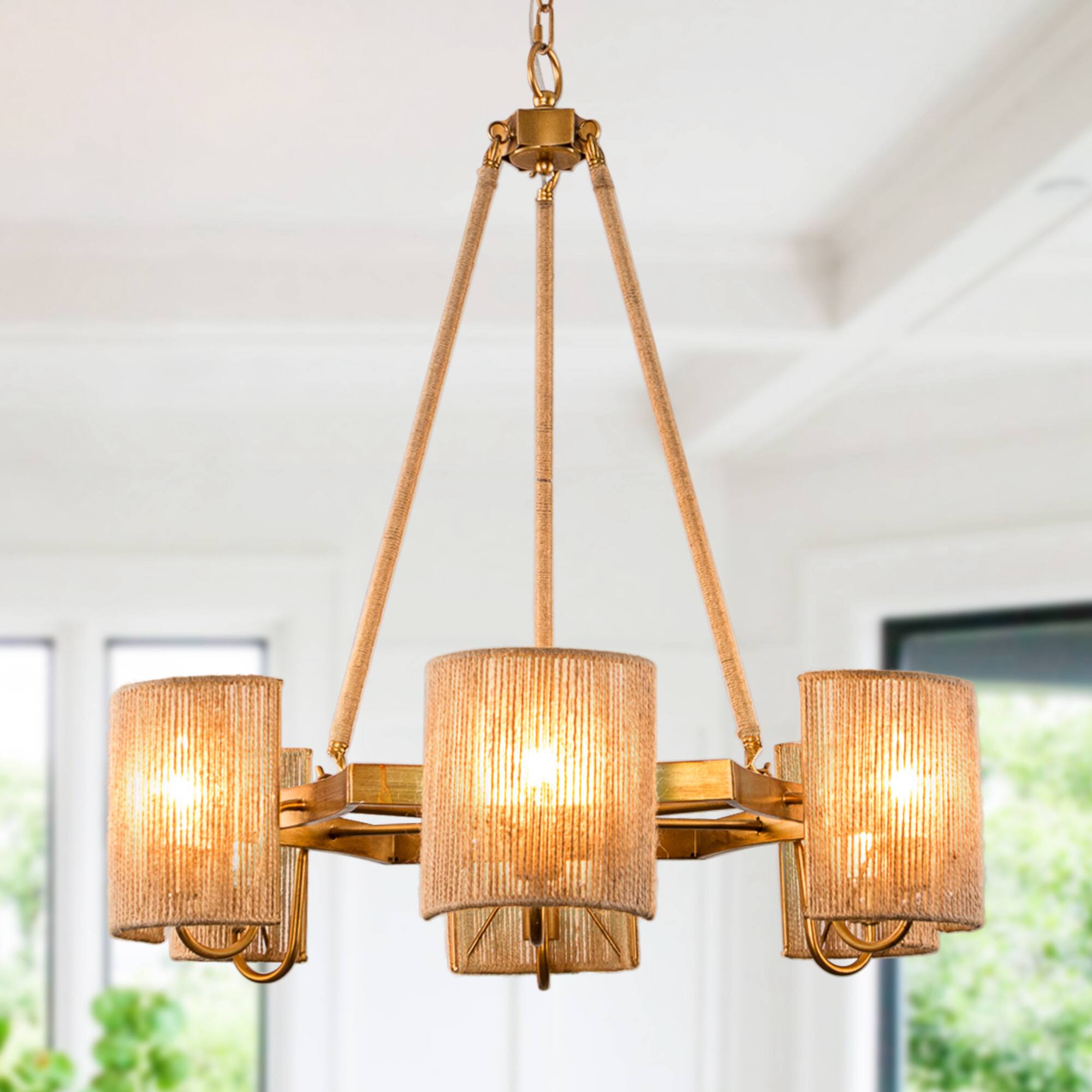 Front. Parrot Uncle - 28.7 in. 6-Light Bohemian Antique Gold Wagon Wheel Hemp Rope Chandelier - Antique Gold.