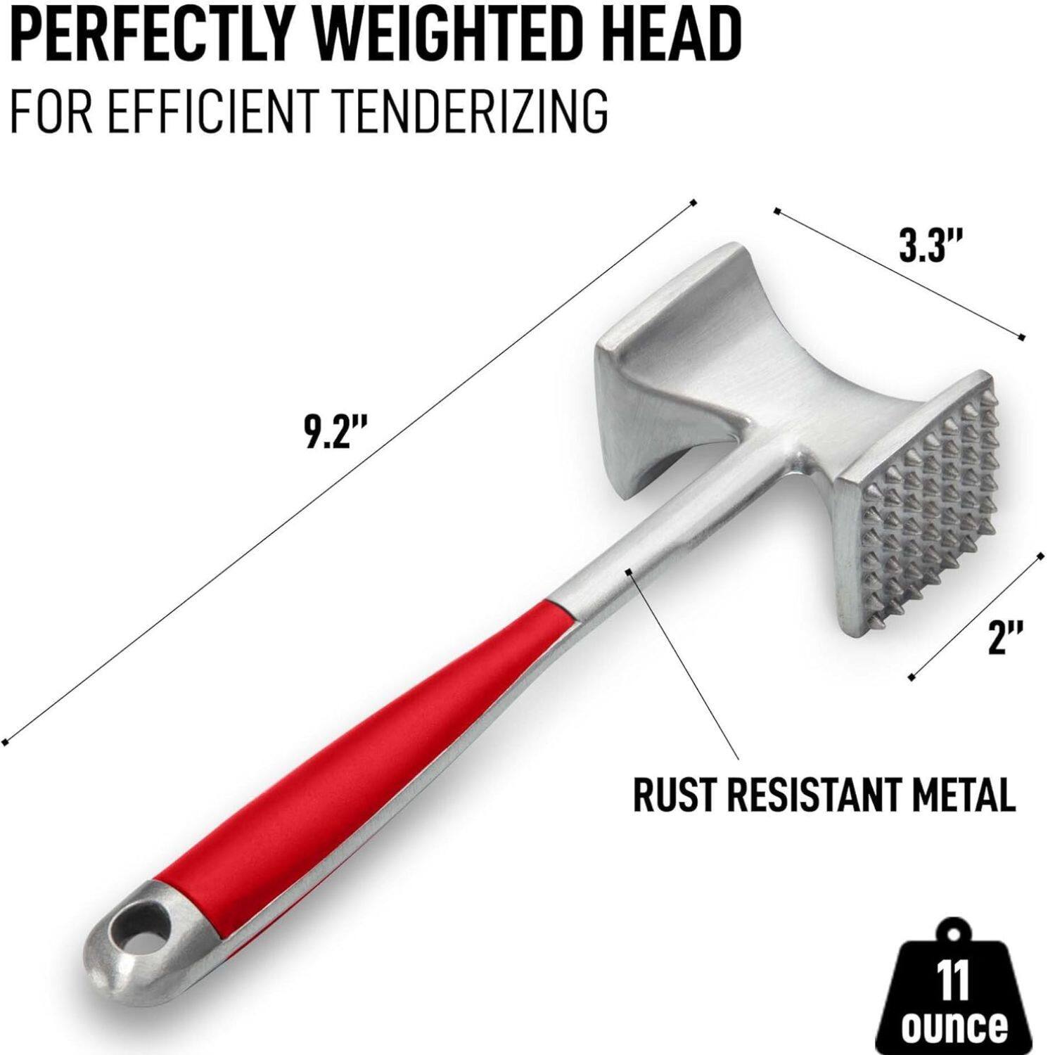 PERFECTLY WEIGHTED HEAD FOR EFFICIENT TENDERIZING, 3.3", 9.2", 2", RUST RESISTANT METAL, 11 ounce