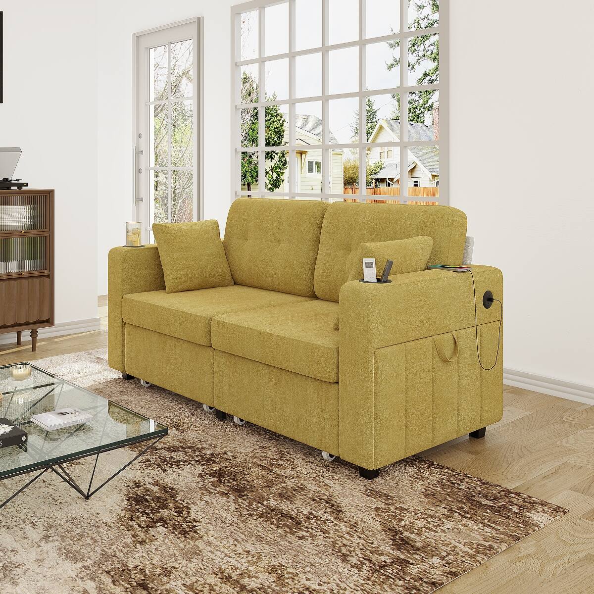 Alt View 4. Ropilly - Ropilly Chenille Sectional Sofa with Storage Chaise, USB Charging Ports and Cup Holders for Small Apartment - Mustard yellow.