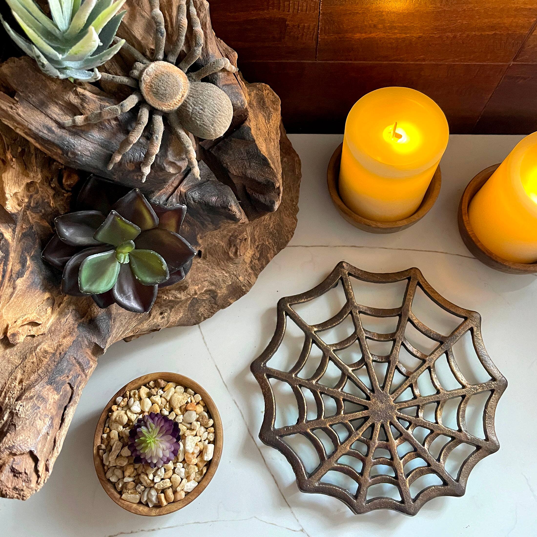 Alt View 3. Zeckos - Cast Iron Spider Web Trivet 8" Bronze Gothic Decor, Kitchen Heat Resistant Mat - Bronze.