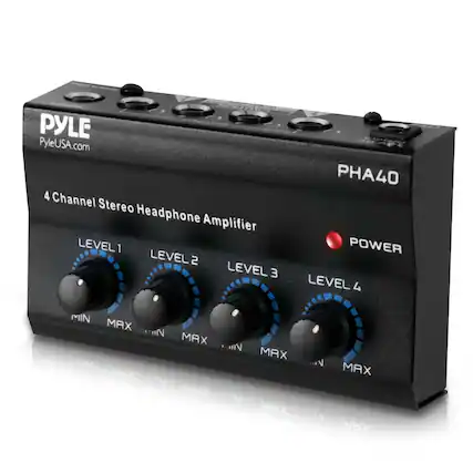 PYLE
PyleUSA.com
PHA40
4 Channel Stereo Headphone Amplifier
LEVEL 1
MIN MAX
LEVEL 2
MIN MAX
LEVEL 3
MIN MAX
LEVEL 4
MIN MAX
POWER