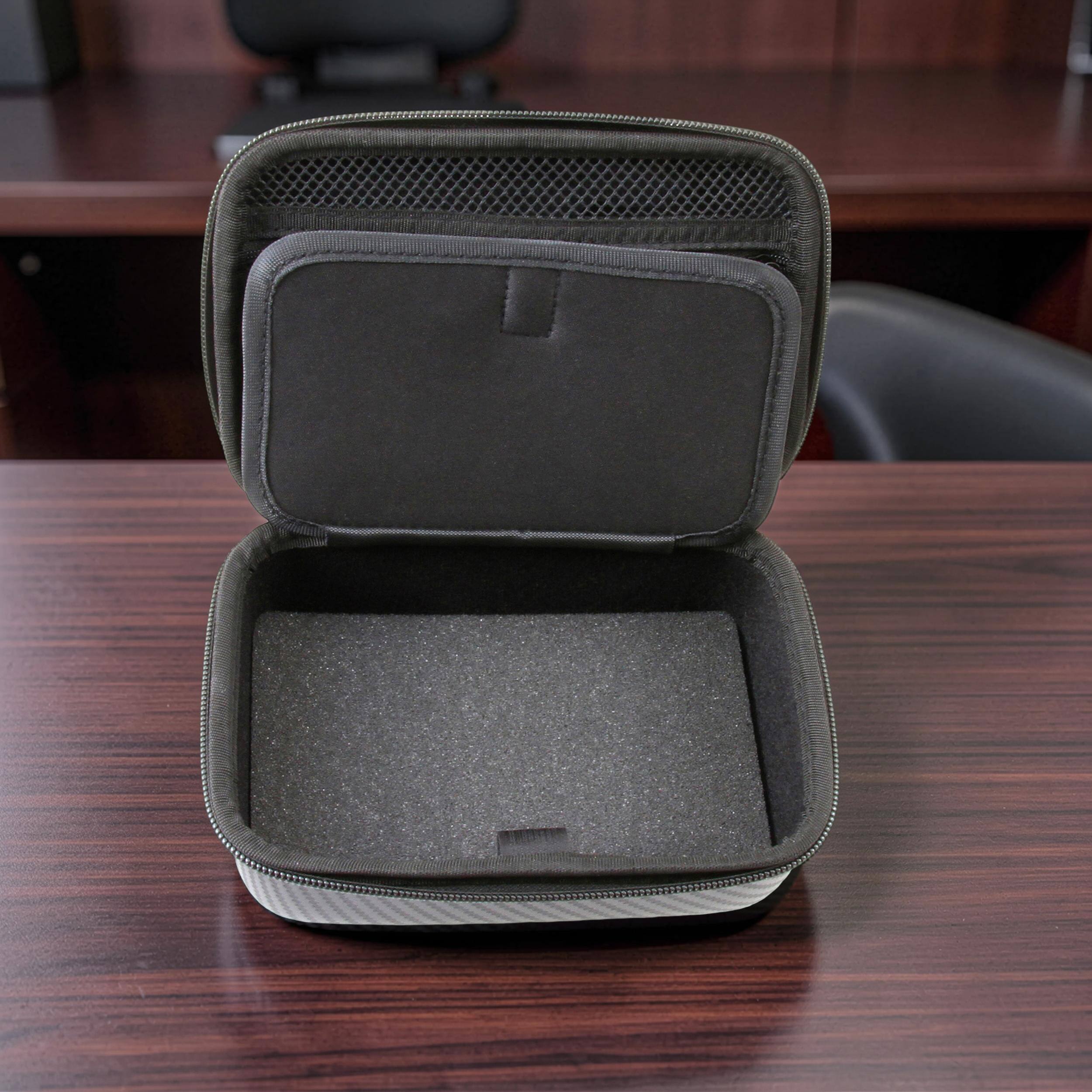 Left. CASEMATIX - Carrying Case for ASUS RT-BE58 Go WiFi 7 Travel Router - Hard Shell EVA Travel Storage Case with Accessory Pocket.