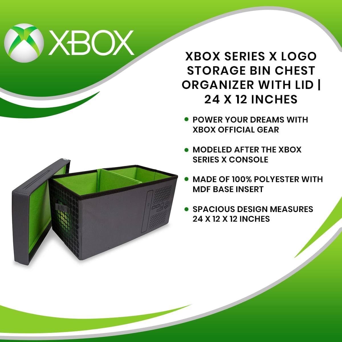 XBOX SERIES X LOGO STORAGE BIN CHEST ORGANIZER WITH LID | 24 X 12 INCHES

- POWER YOUR DREAMS WITH XBOX OFFICIAL GEAR
- MODELED AFTER THE XBOX SERIES X CONSOLE
- MADE OF 100% POLYESTER WITH MDF BASE INSERT
- SPACIOUS DESIGN MEASURES 24 X 12 X 12 INCHES
