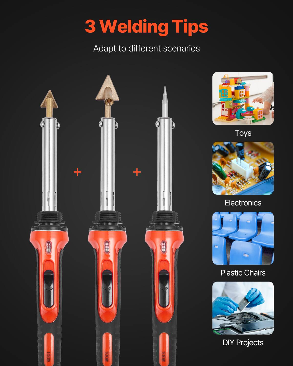 3 Welding Tips  
Adapt to different scenarios  
Toys  
Electronics  
Plastic Chairs  
DIY Projects