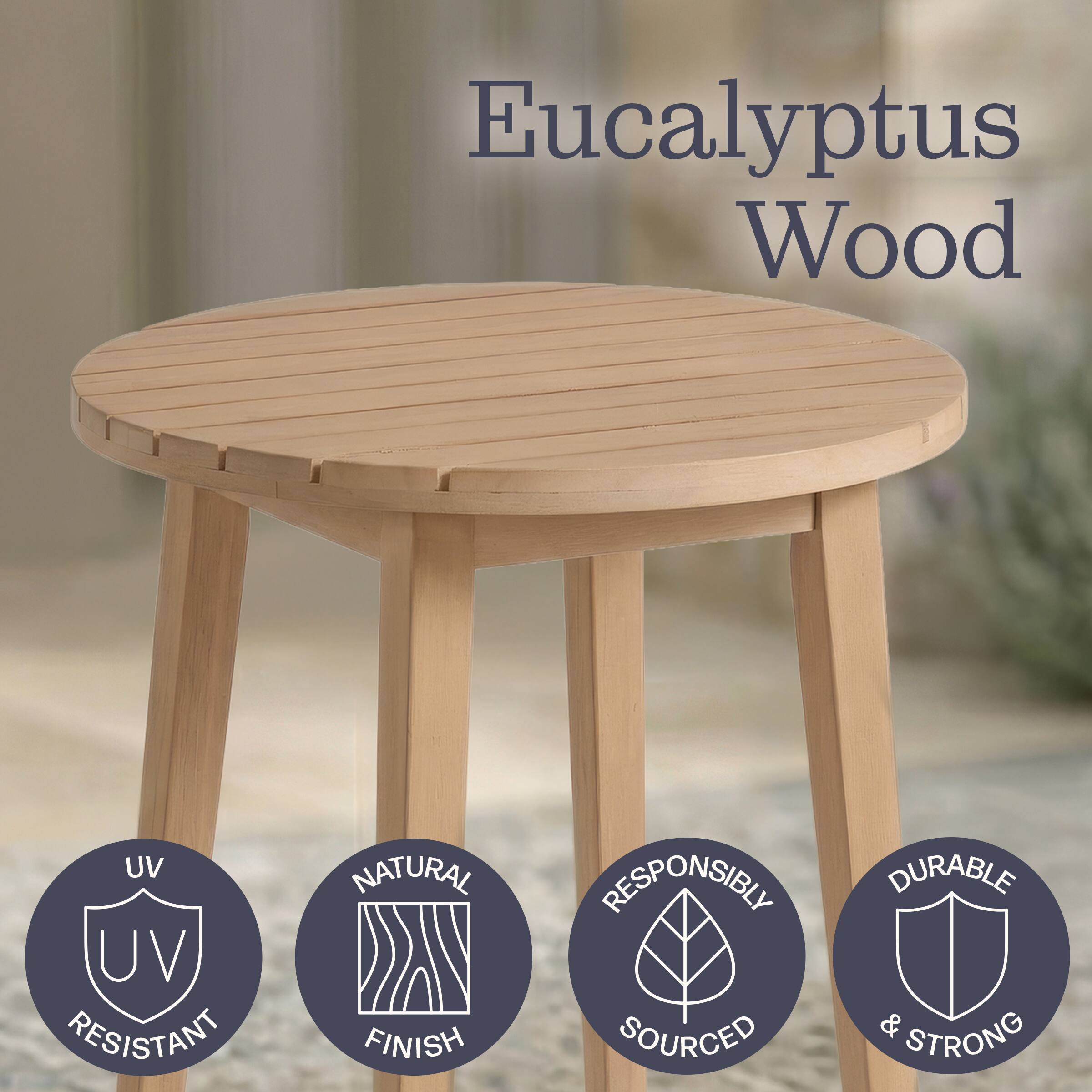 Eucalyptus Wood

- UV Resistant
- Natural Finish
- Responsibly Sourced
- Durable & Strong