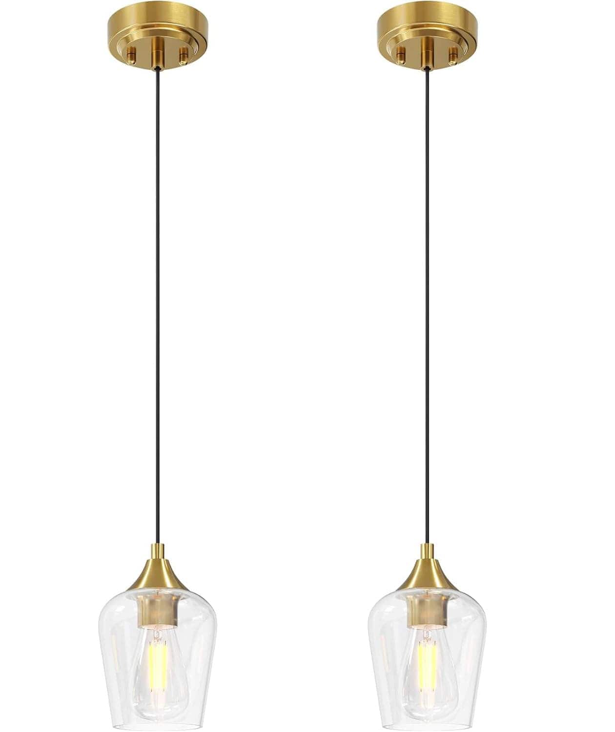 FINEAK - Brushed Modern Pendant Lights - 2 Pack with Glass Shade, E26 Base & Adjustable Cable - Gold