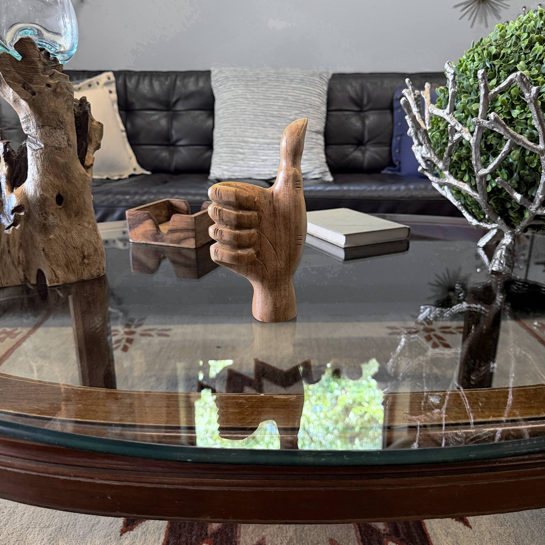 Alt View 4. Zeckos - Hand Carved Wood Thumbs up Hand Statue Natural Tabletop Decor 7.75 Inch Tall - Natural.