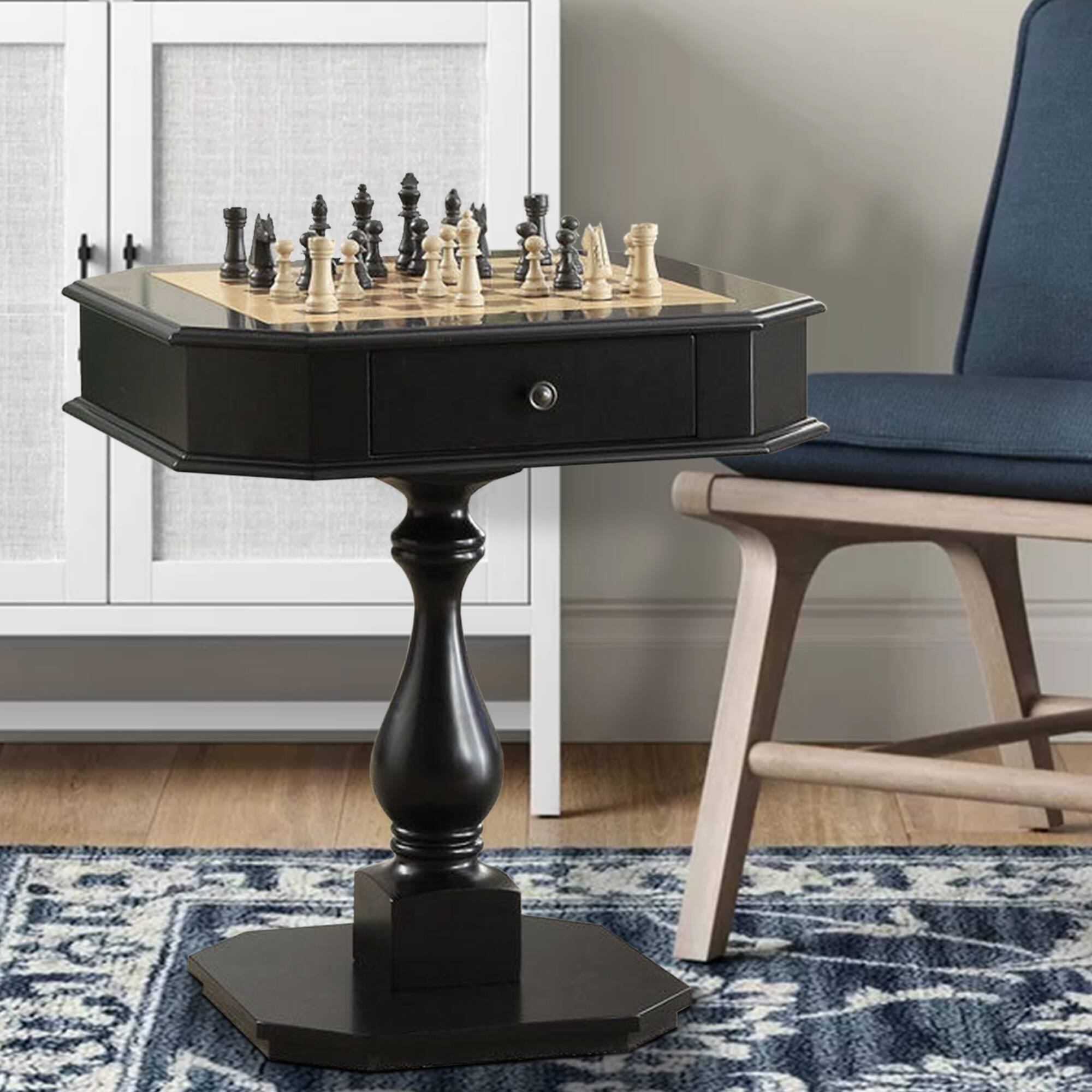 Alt View 5. Manhattan Lane - Wooden Chess Game TableWith One Drawer - Black.