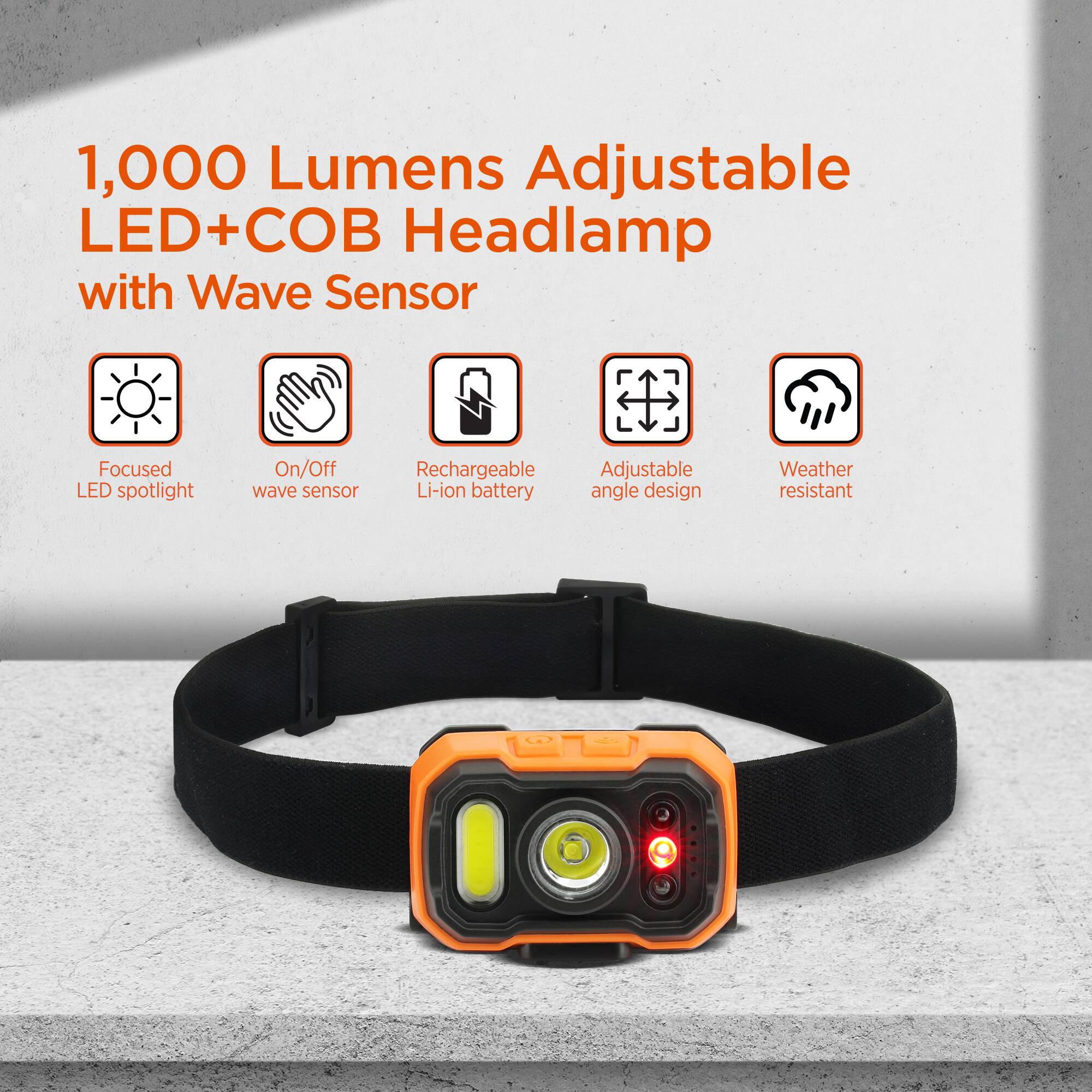1,000 Lumens Adjustable LED+COB Headlamp with Wave Sensor

- Focused LED spotlight
- On/Off wave sensor
- Rechargeable Li-ion battery
- Adjustable angle design
- Weather resistant