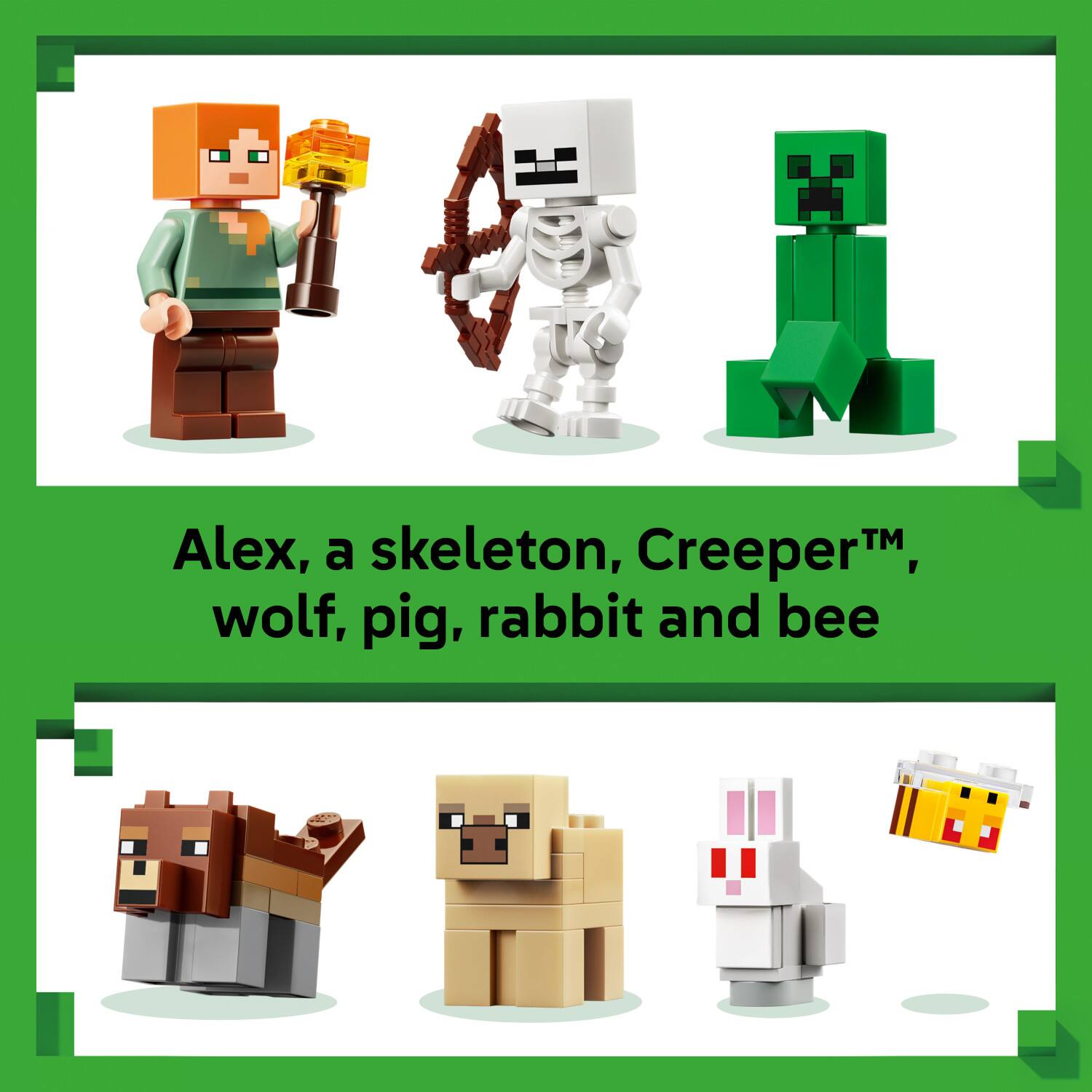 Alex, a skeleton, Creeper™, wolf, pig, rabbit and bee