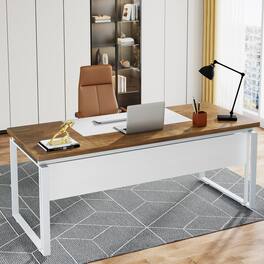 Tribesigns - Office Computer Desk with Metal Frame, Storage Drawers, for Computer Work, Writing and Study in Home Offices - Brown