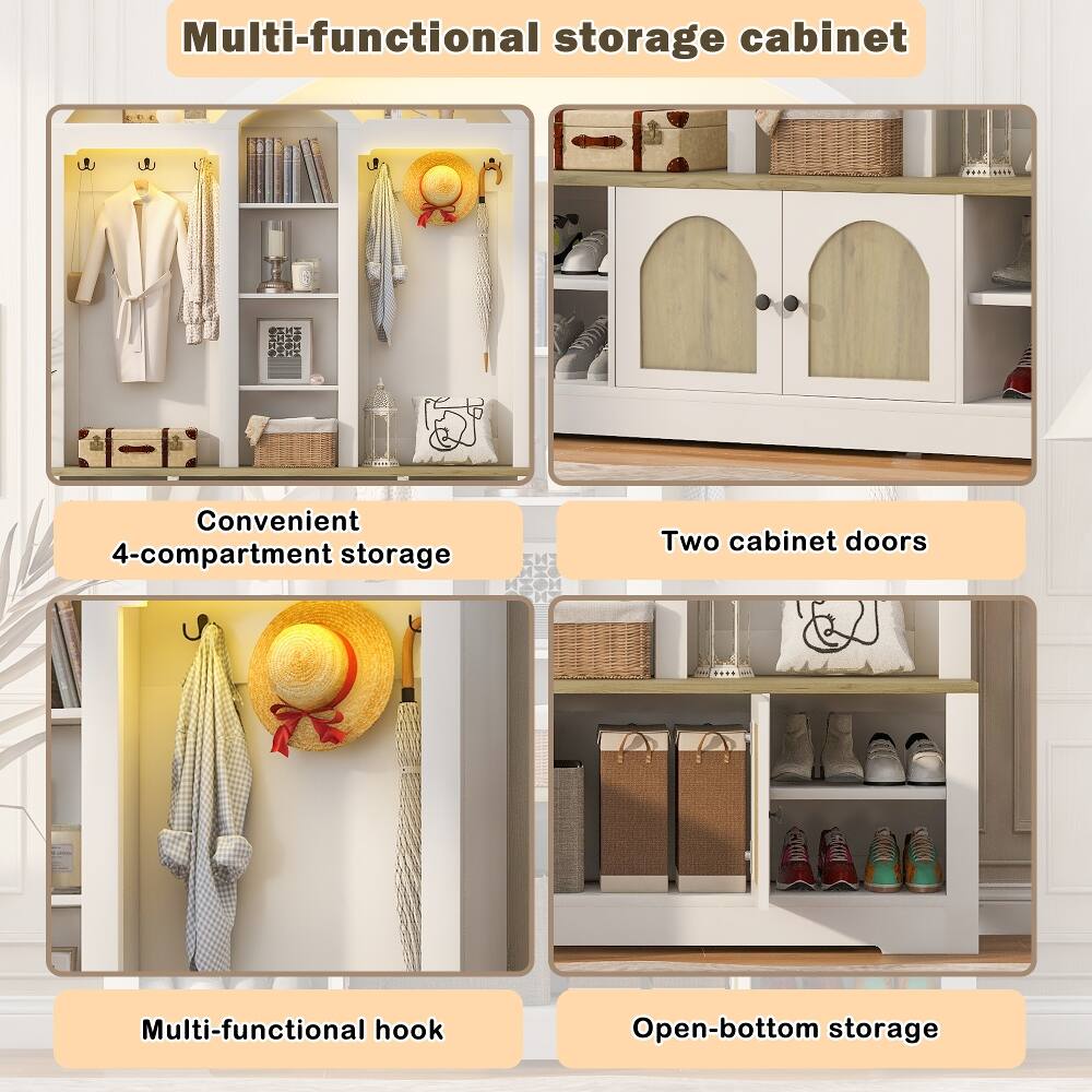Multi-functional storage cabinet

Convenient 4-compartment storage

Two cabinet doors

Multi-functional hook

Open-bottom storage
