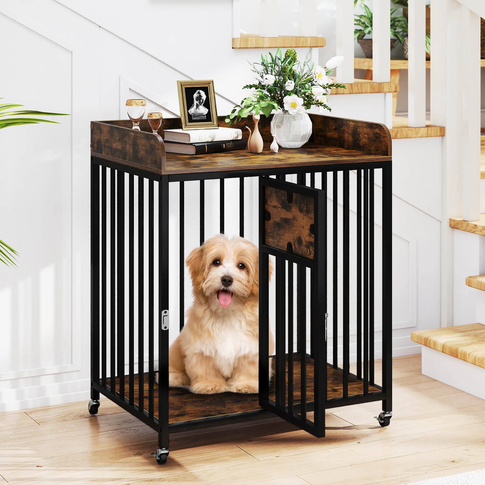 Alt View 1. Costway - Costway Dog Crate Furniture with Wheels, Metal Frame, Lockable Casters, Wide Tabletop - Rustic Brown+Black.