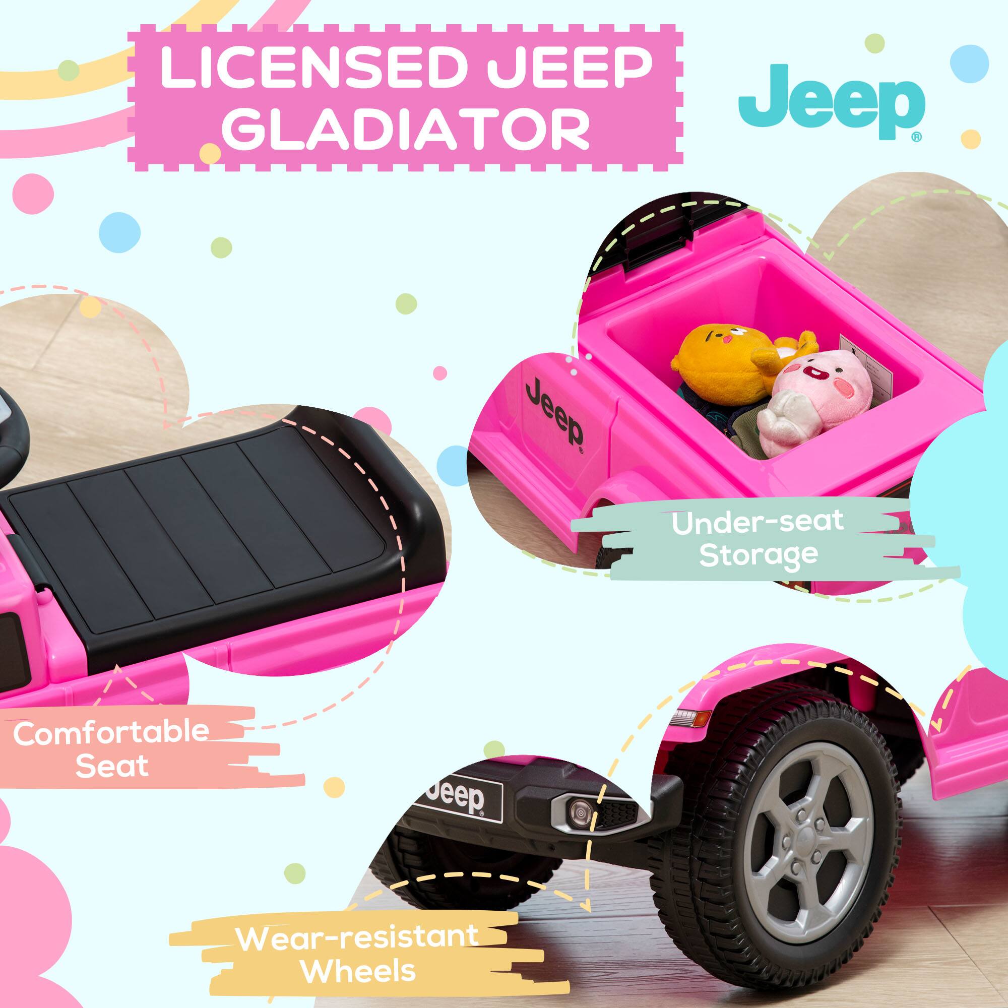 LICENSED JEEP GLADIATOR

- Under-seat Storage
- Comfortable Seat
- Wear-resistant Wheels