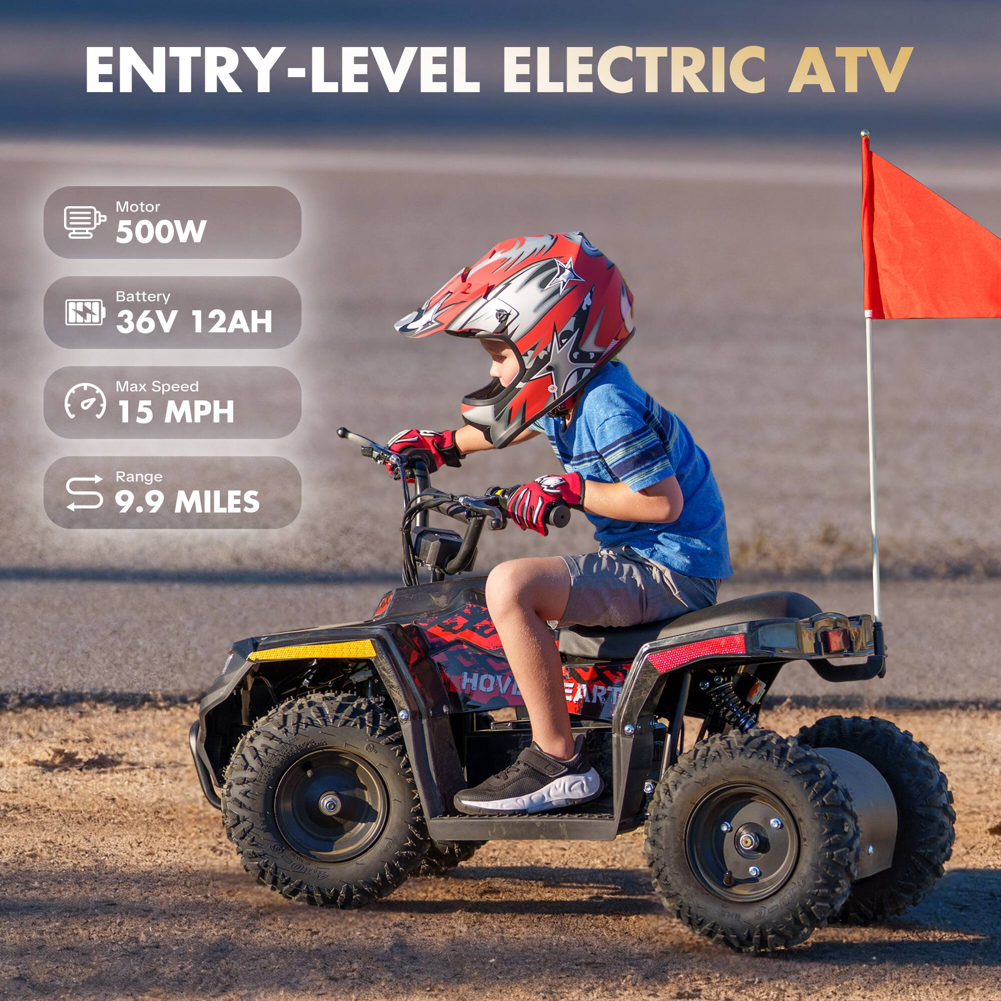 ENTRY-LEVEL ELECTRIC ATV

Motor 500W  
Battery 36V 12AH  
Max Speed 15 MPH  
Range 9.9 MILES