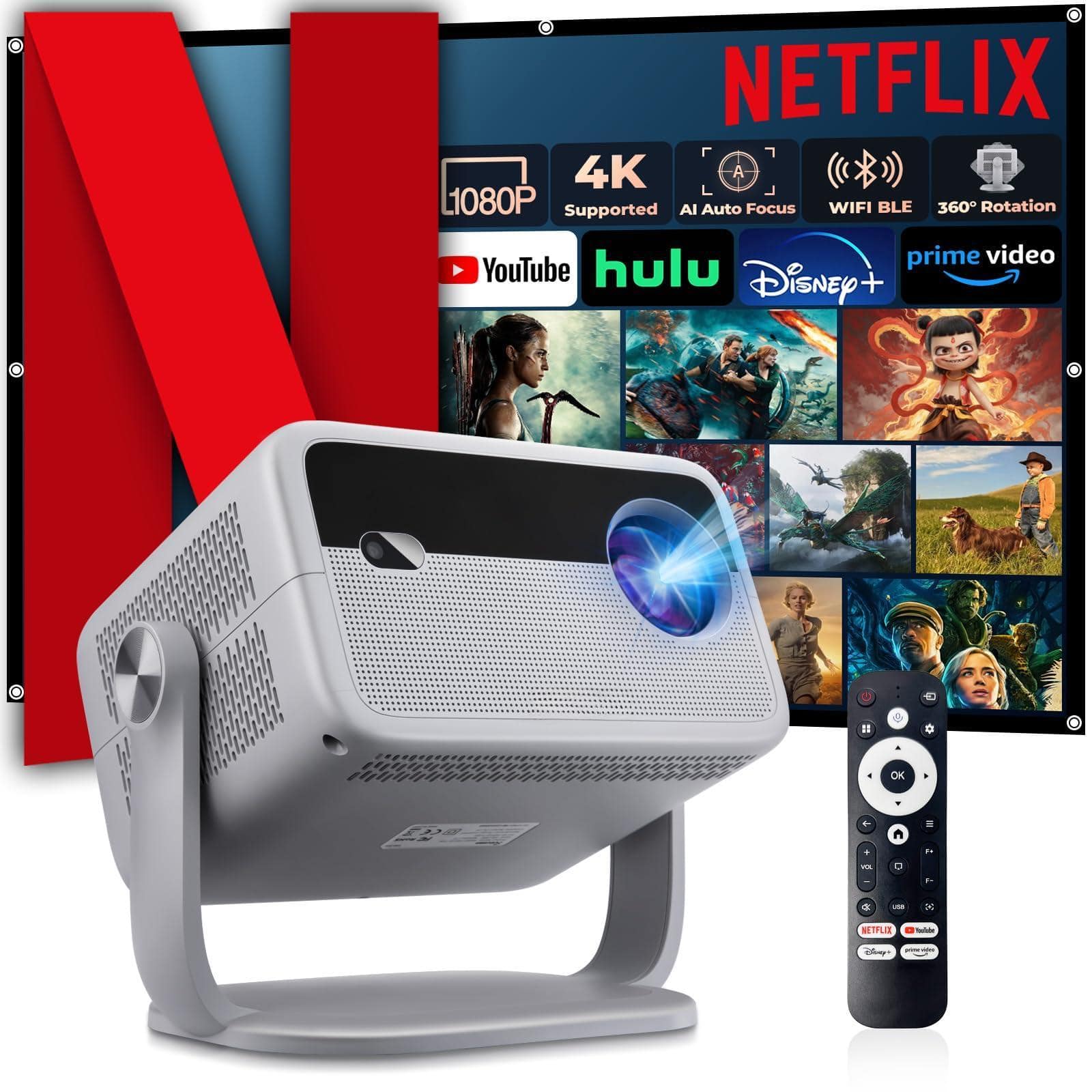 The Best Inks - [600 Ansi/official Netflix/voice Control] 4k Supported Outdoor Smart Projector With Wifi6 And Native 1080p Apps Built - 1- projector with apps built in