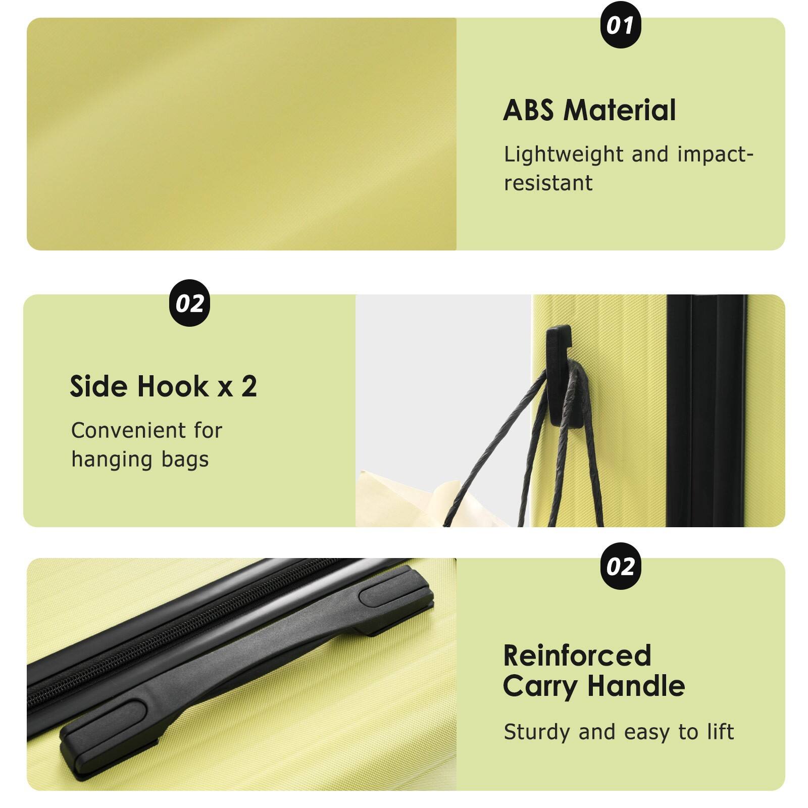 01 ABS Material  
Lightweight and impact-resistant  

02 Side Hook x 2  
Convenient for hanging bags  

02 Reinforced Carry Handle  
Sturdy and easy to lift