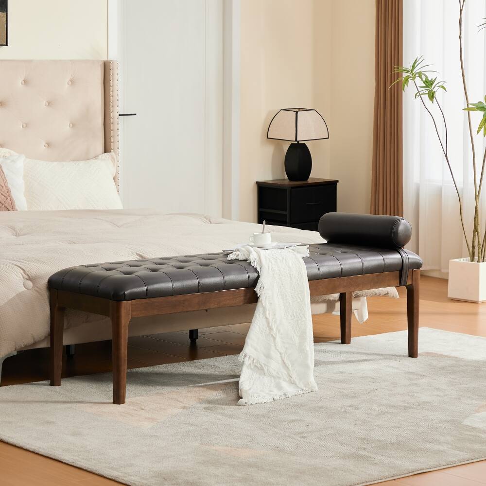Left. Ropilly - Ropilly 66 Inch Upholstered End of Bed Bench, Faux Leather Tufted Entryway Shoe Bench with Headrest, Coffee - Coffee.