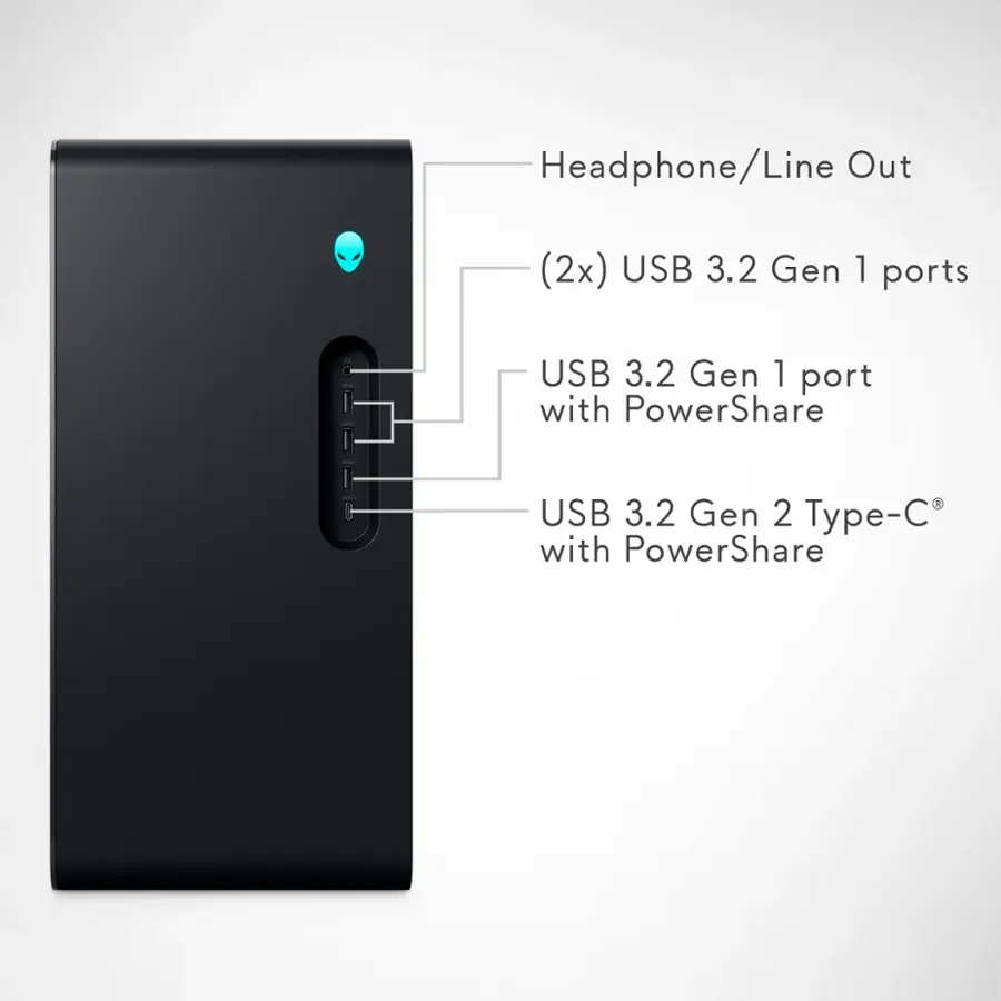 Headphone/Line Out (2x) USB 3.2 Gen 1 ports USB 3.2 Gen 1 port with PowerShare USB 3.2 Gen 2 Type-C with PowerShare