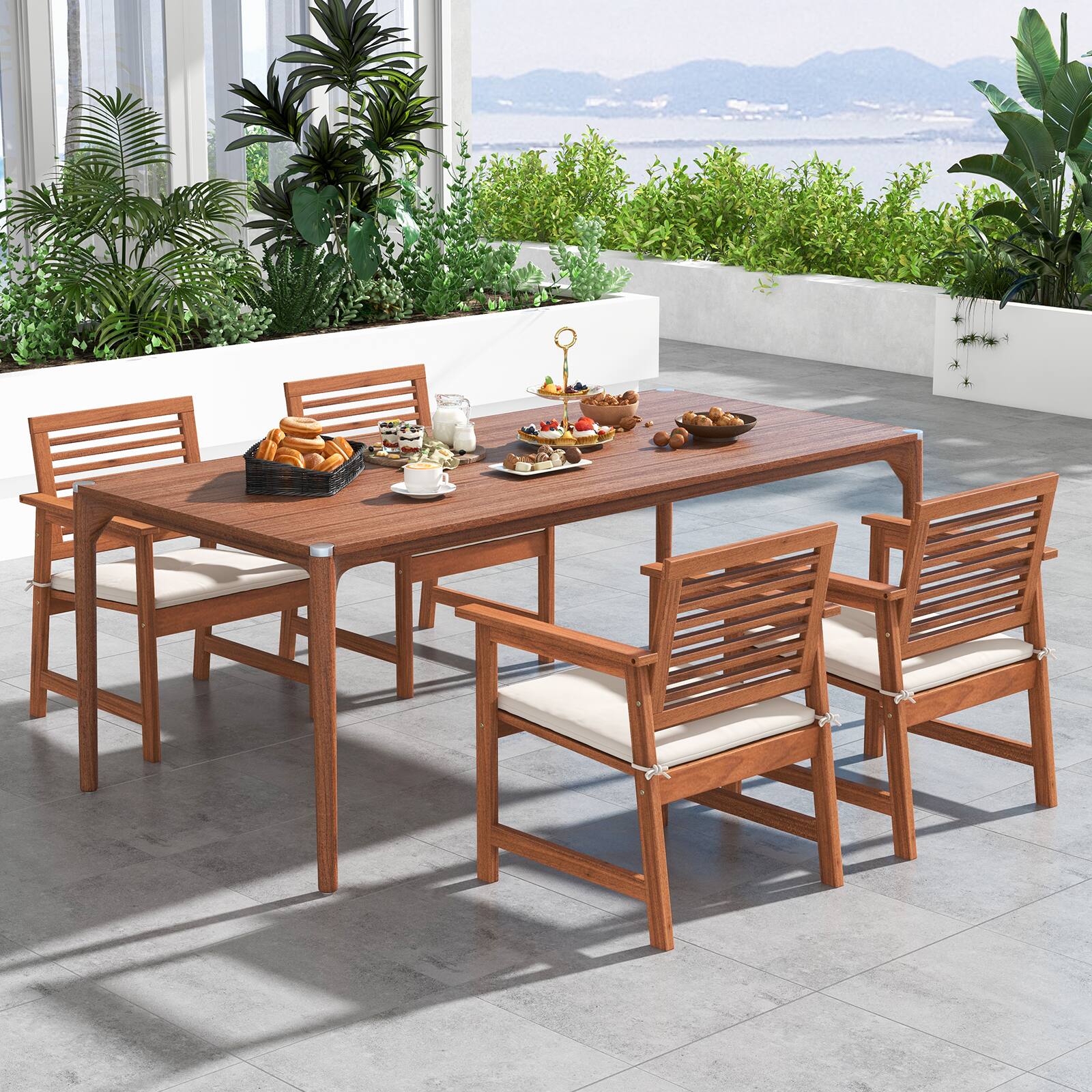 Alt View 1. Costway - Costway Set of 4 Outdoor Dining Chair Patio Solid Wood Chairs with Comfortable Cushions - Natural,White.