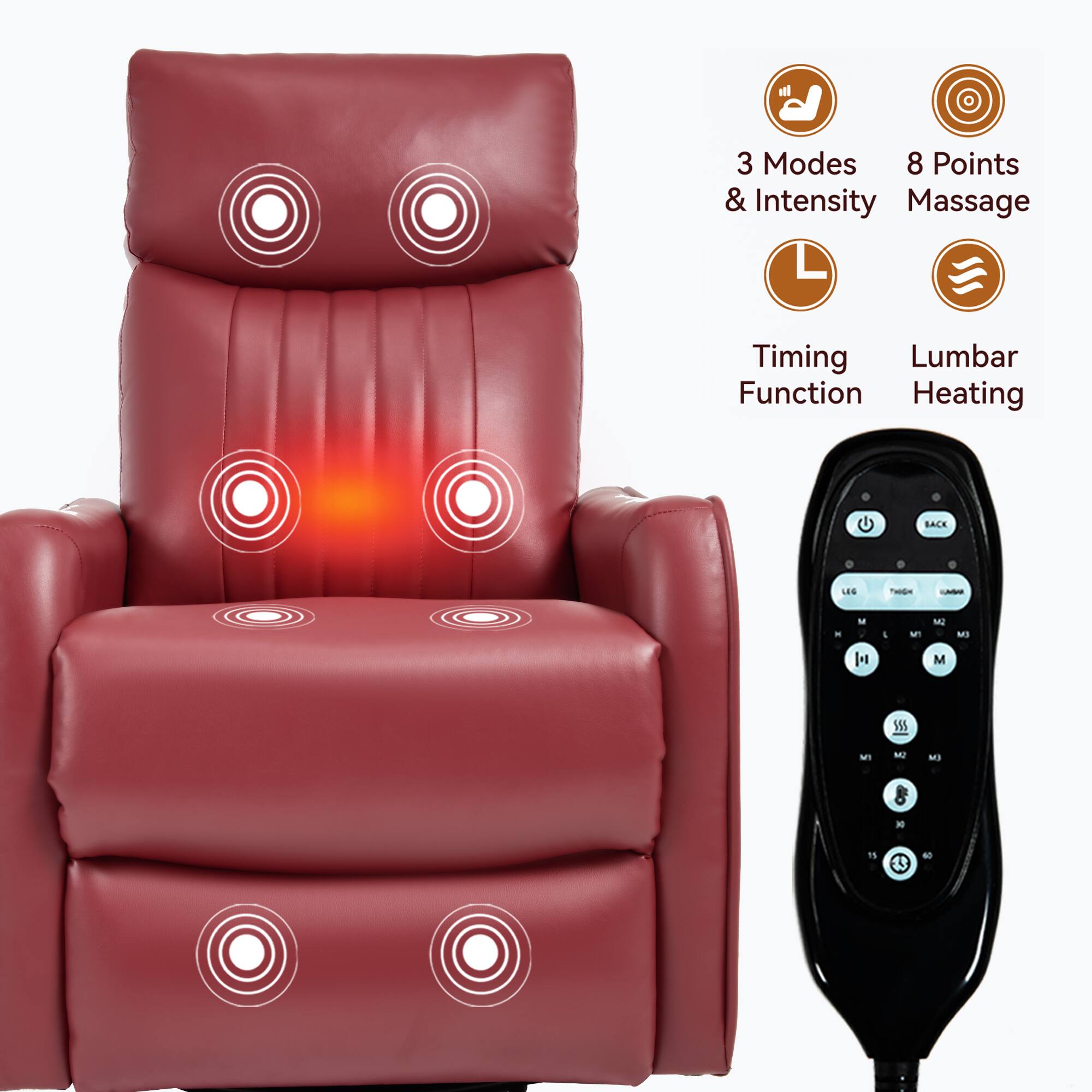 3 Modes & Intensity  
8 Points Massage  
Timing Function  
Lumbar Heating