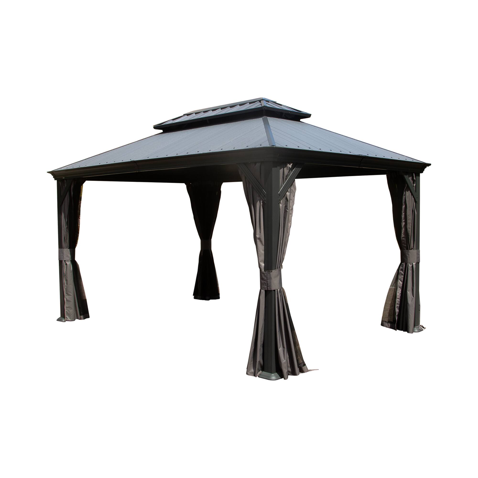 Angle. Mondawe - 12x16 Metal Gazebo With Resin Roof ,Curtains and Mosquito Netting Included - Dark Gray.