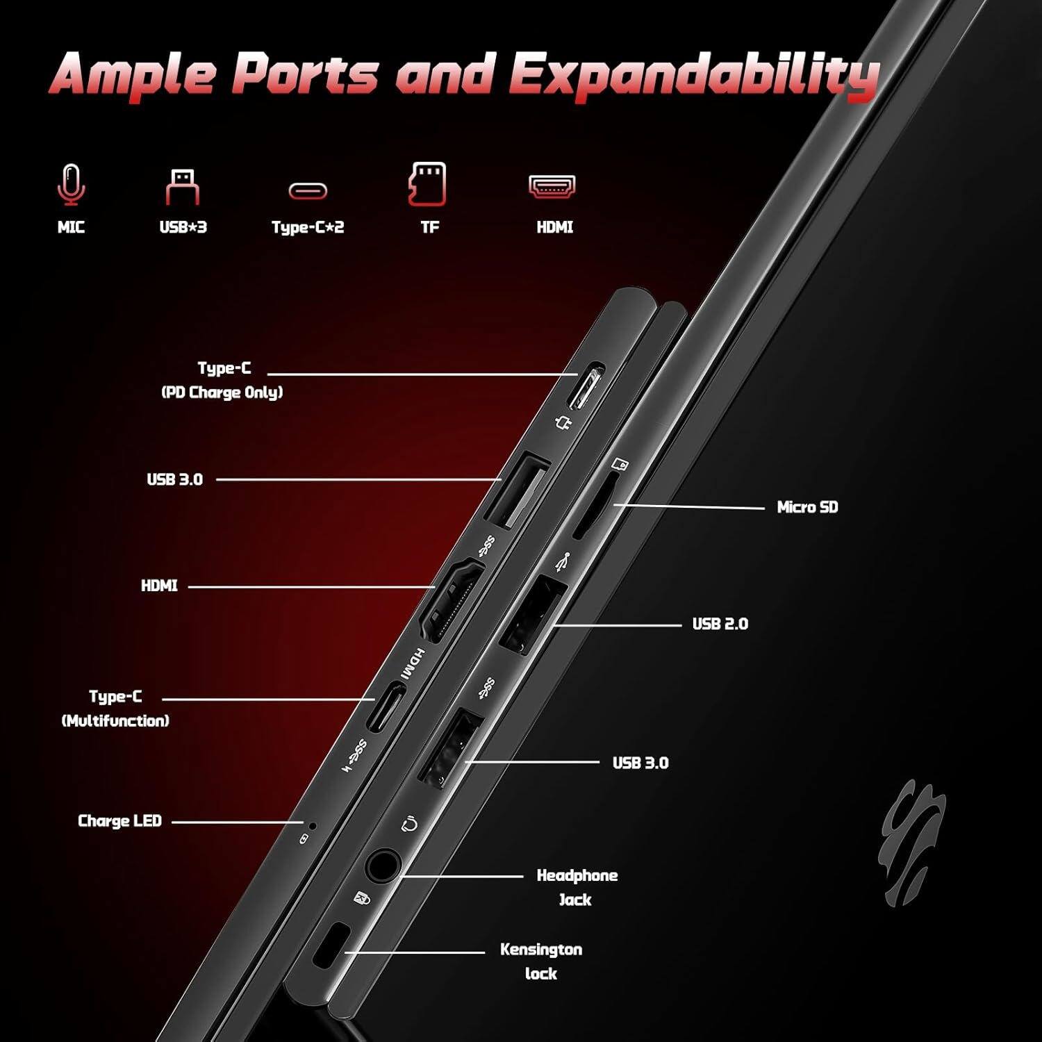 Ample Ports and Expandability

- MIC
- USB*3
- Type-C*2
- TF
- HDMI

Type-C (PD Charge Only)
USB 3.0
HDMI
Type-C (Multifunction)
Charge LED
Headphone Jack
Kensington lock

Micro SD
USB 2.0
USB 3.0