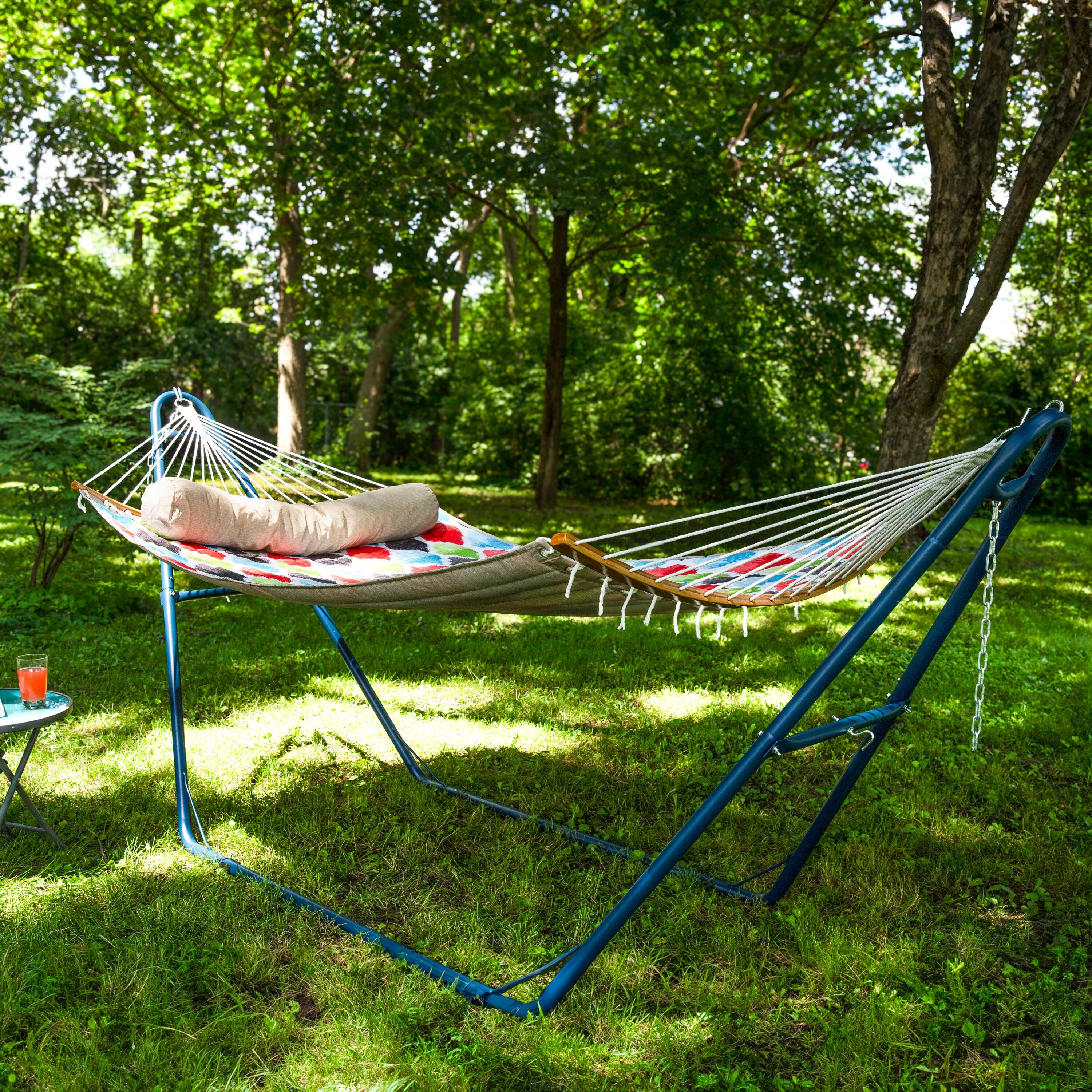 Alt View 3. Sunnydaze - Quilted Hammock with Curved Spreader Bar - Quatrefoil - Vivid Multi-Color.