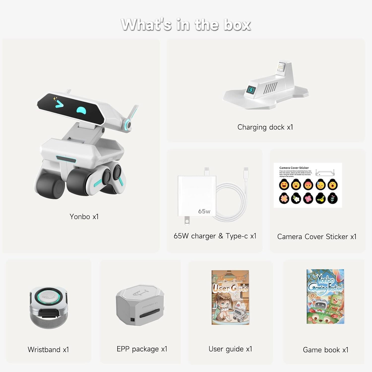 What's in the box

- Charging dock x1
- Yonbo x1
- 65W charger & Type-c x1
- Camera Cover Sticker x1
- Wristband x1
- EPP package x1
- User guide x1
- Game book x1