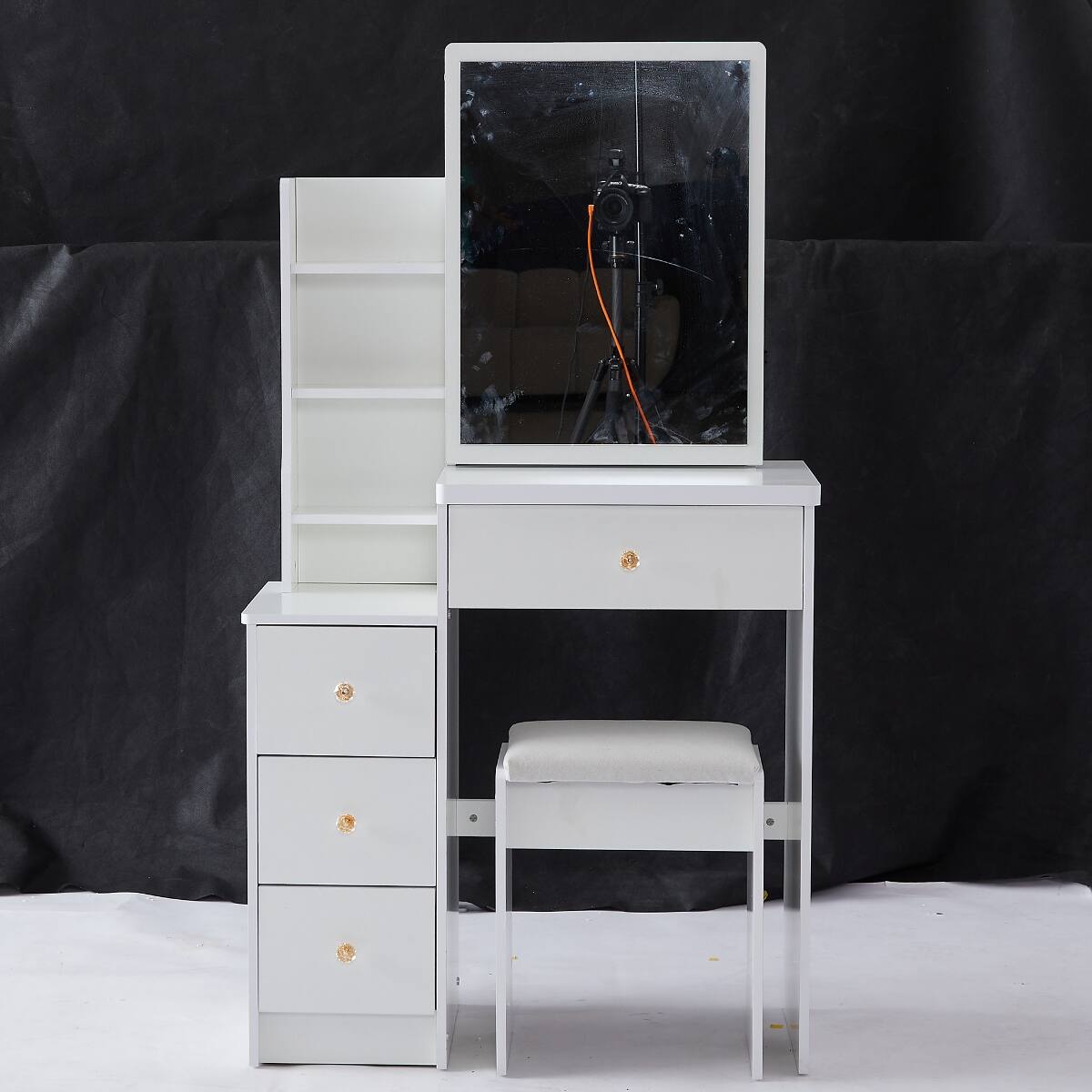 Back. Loheer - Loheer Small Space Vanity Table with Extra Large Sliding Mirror and Padded Stool, White - White.