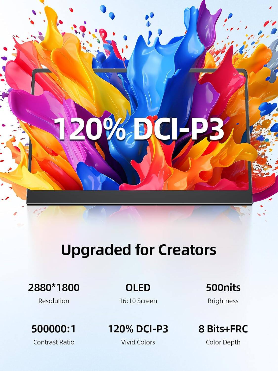120% DCI-P3  
Upgraded for Creators  
2880*1800 Resolution  
OLED 16:10 Screen  
500nits Brightness  
500000:1 Contrast Ratio  
120% DCI-P3 Vivid Colors  
8 Bits+FRC Color Depth