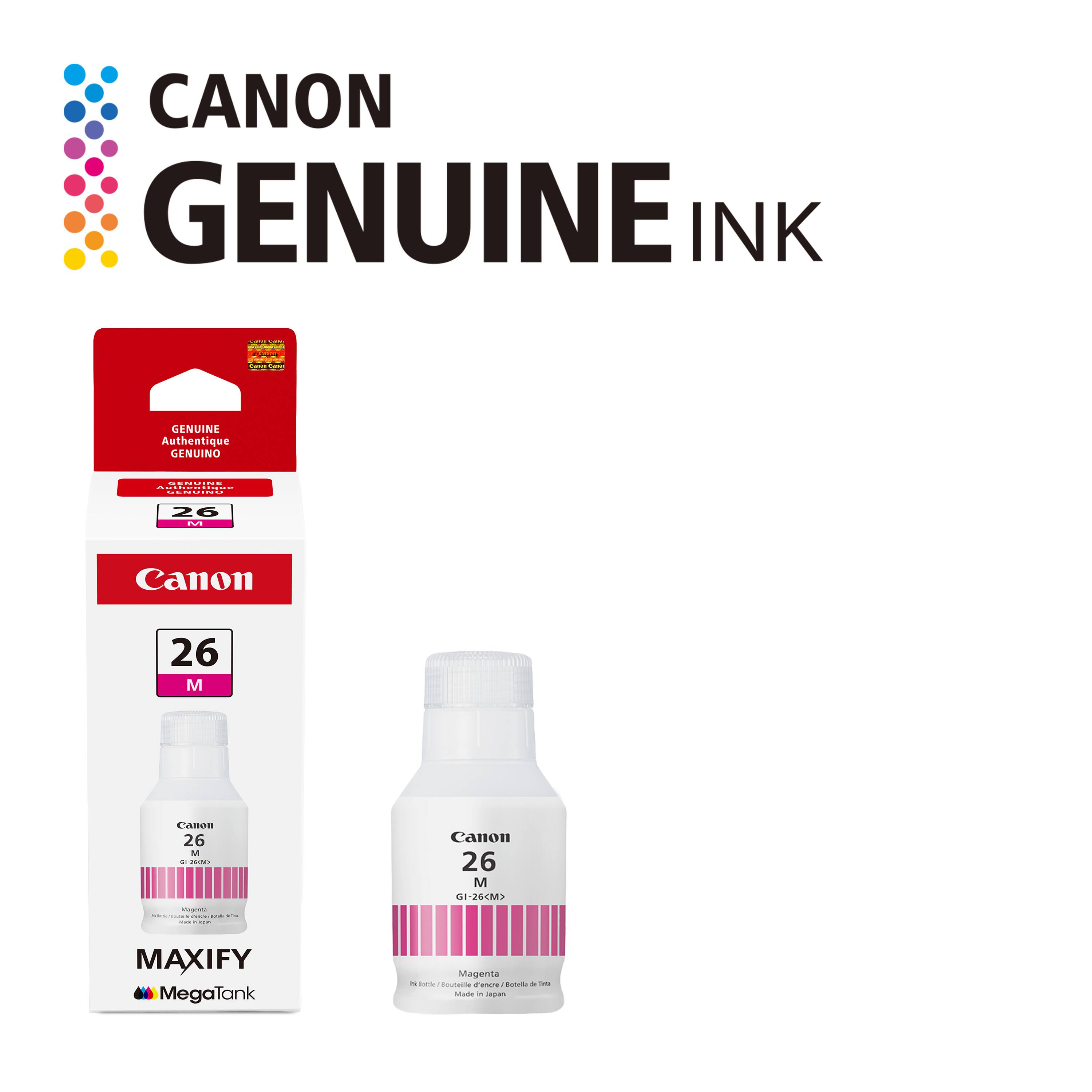 CANON GENUINE INK  
GENUINE Authentique GENUINO  

Canon 26 M  
Canon 26 M - cAd  
Canon 26 M 1M225-10 MAXIFY MegaTank Magenta  
Made in Japan