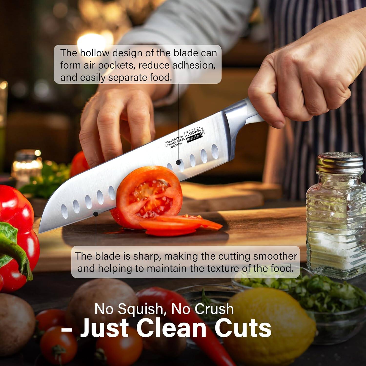 The hollow design of the blade can form air pockets, reduce adhesion, and easily separate food. The blade is sharp, making the cutting smoother and helping to maintain the texture of the food. No Squish, No Crush - Just Clean Cuts