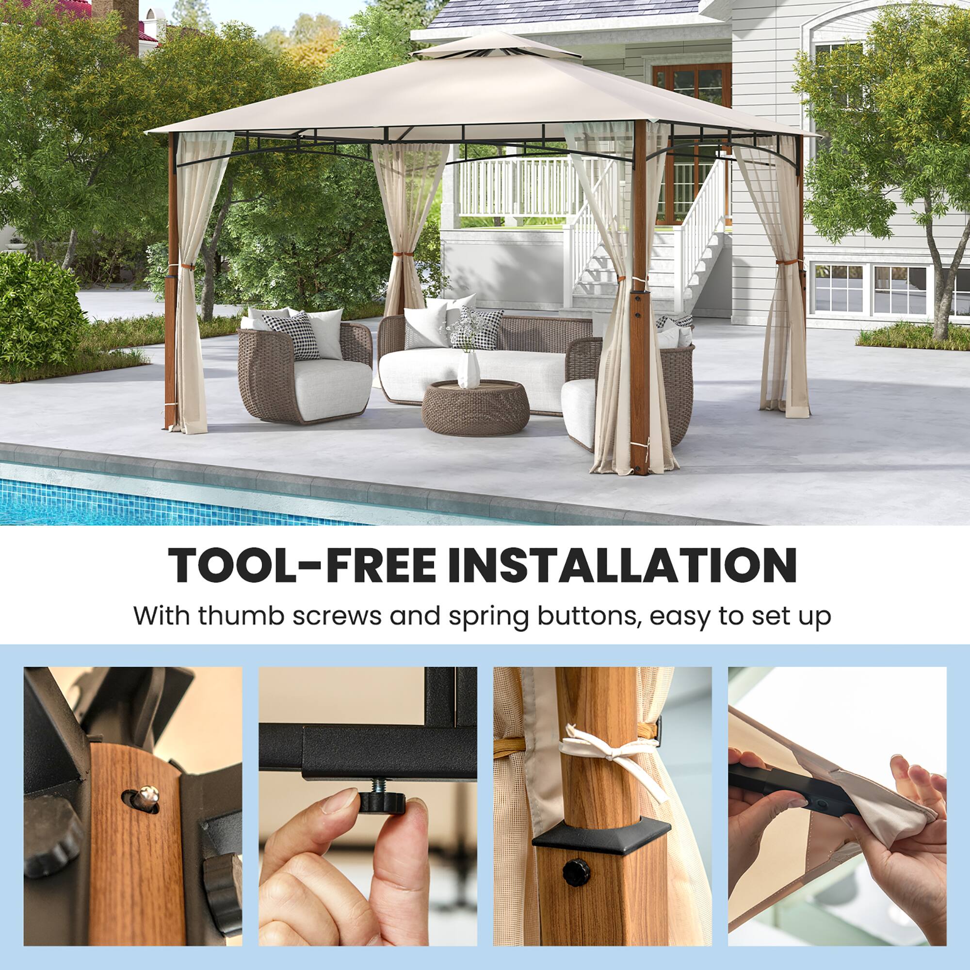 TOOL-FREE INSTALLATION  
With thumb screws and spring buttons, easy to set up
