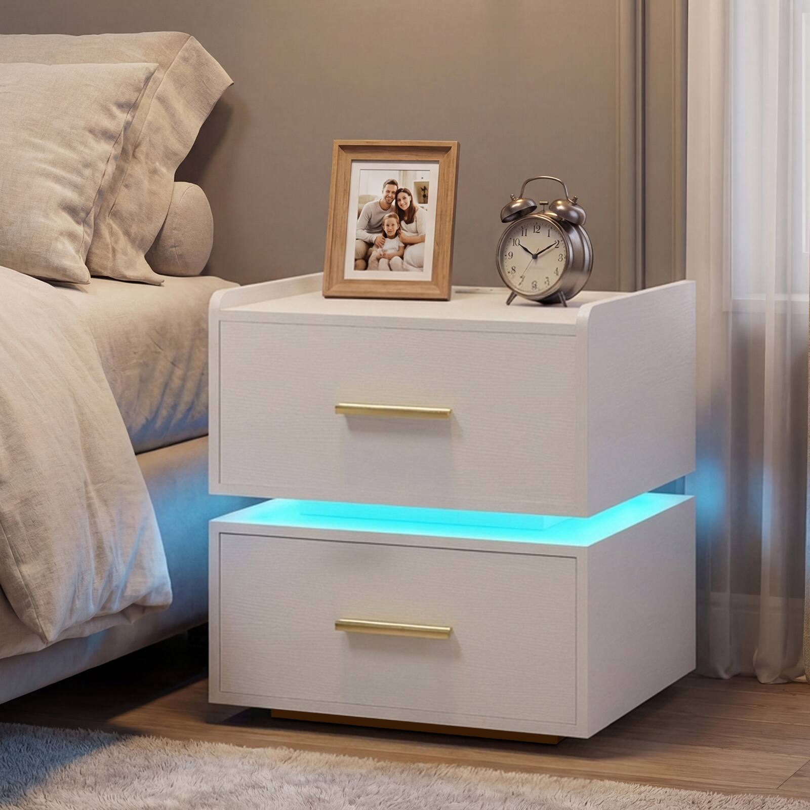 Alt View 5. Costway - Costway 1 PCS Nightstand with Charging Station,LED Bedside Table with 2 Storage Drawers - White.