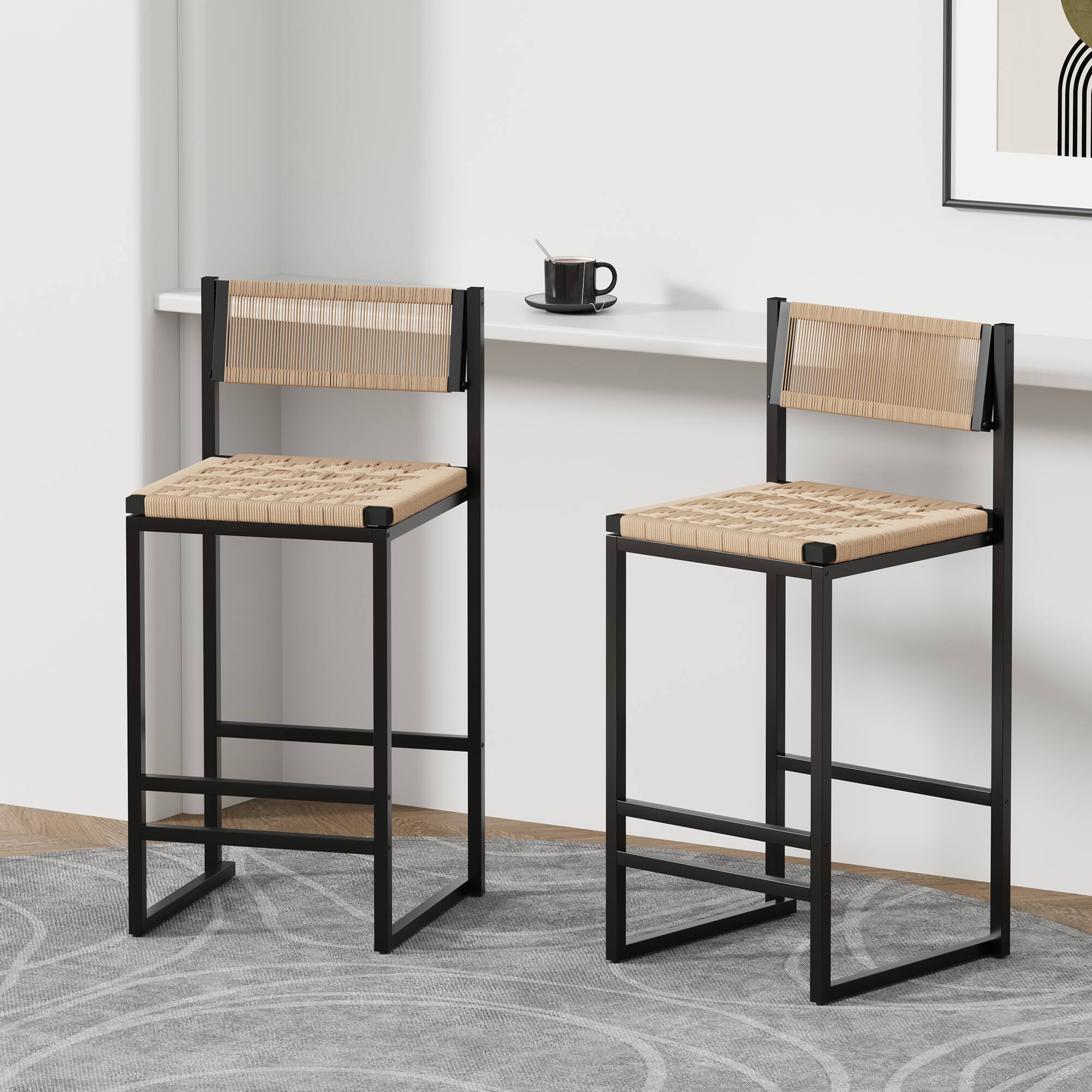 Angle. GOODSILO - Set of 2 Woven Bar Stools - Hand Weave Counter Stool with Footrest for Kitchen Island, Dining Room - Honey.