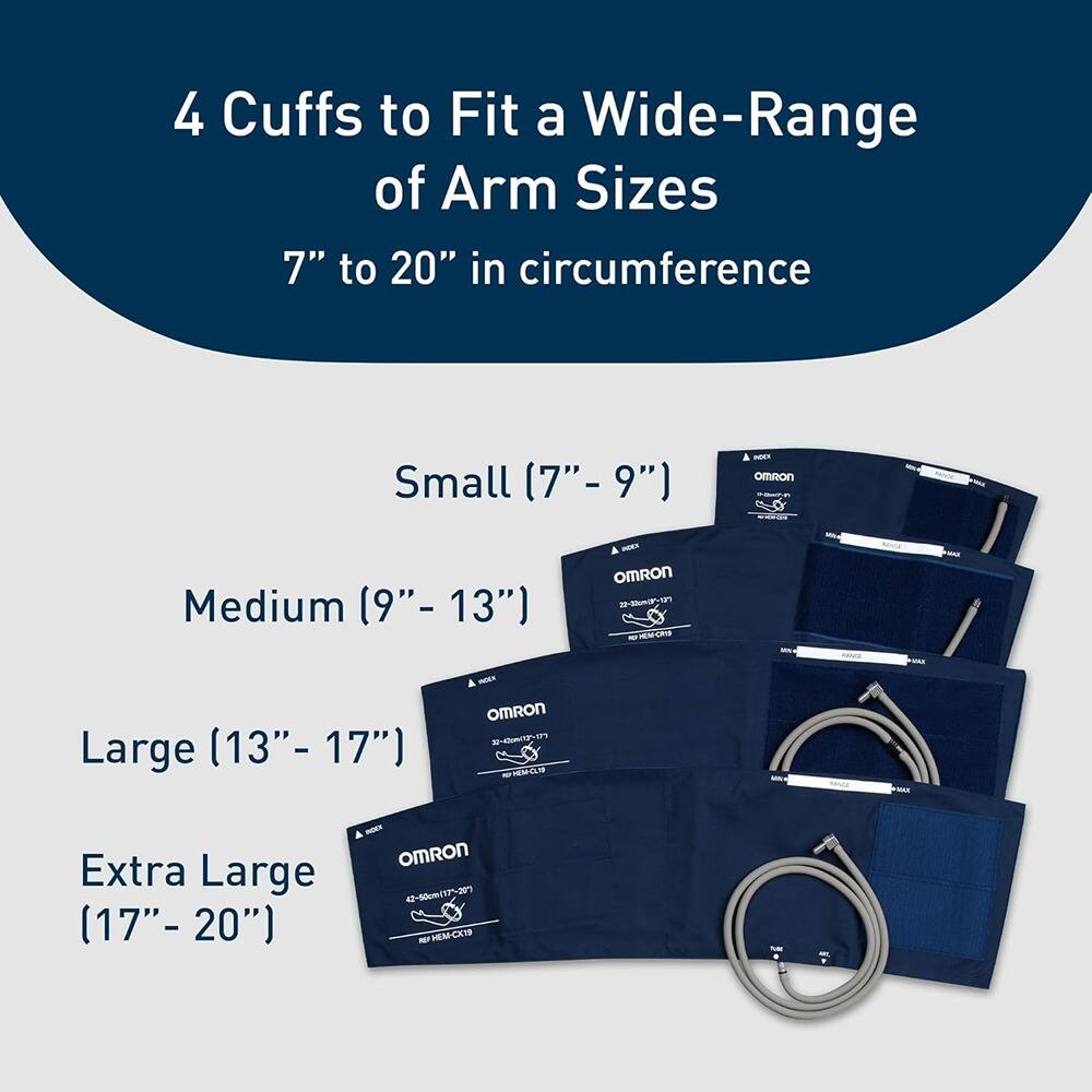 4 Cuffs to Fit a Wide-Range of Arm Sizes  
7" to 20" in circumference  

Small (7" - 9")  
Medium (9" - 13")  
Large (13" - 17")  
Extra Large (17" - 20")