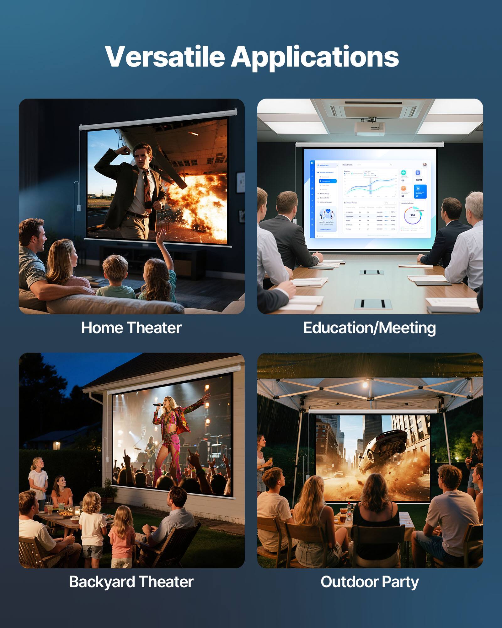 Versatile Applications

- Home Theater
- Education/Meeting
- Backyard Theater
- Outdoor Party