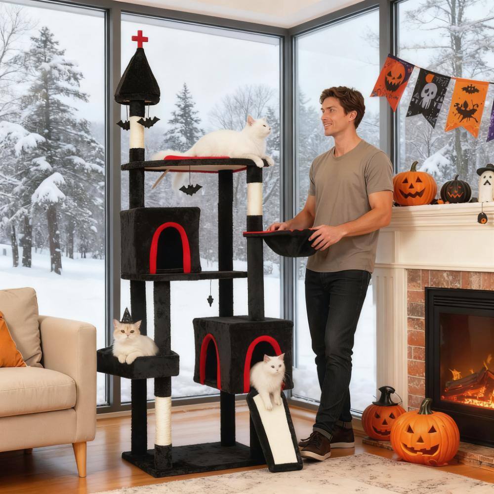 Left. Siljoy - 78" Gothic Castle Cat Tree Tower with Bat Teaser Balls, Black Red Trim Design, Two Condos & Coffin Bed.