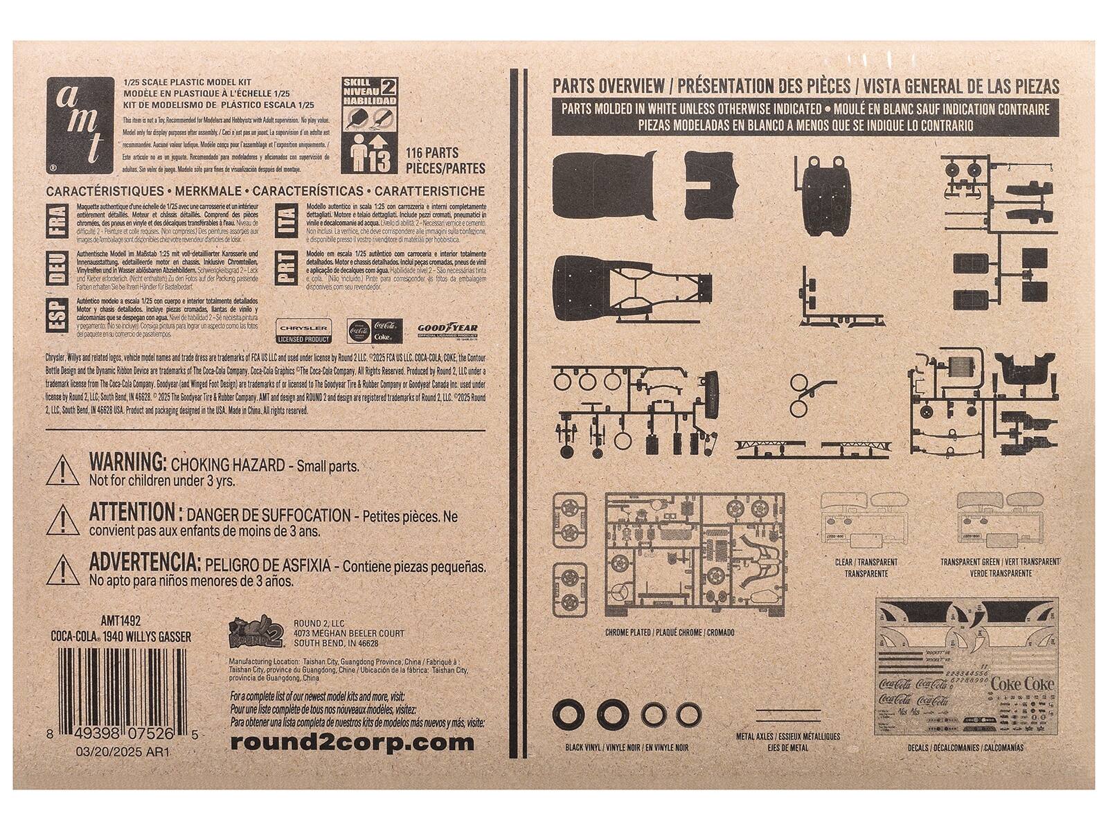 **Left Side:**

**Scale Plastic Model Skill Modelismo Plástico L'Échelle Niveau Habilidad Modelismo Plástico Escala**

**1:25 Scale Plastic Model Kit 1/25 Échelle de Modèle en Plastique 1/25 Kit de Modelismo de Plástico a Escala 1/25**

**Model is not a toy. Do not use for play. Este no es un juguete. No se debe usar para jugar. Ce n'est pas un jouet. Ne pas utiliser pour jouer.**

**Características - Merkmaale - Caractéristiques - Caratteristiche**

- Detailed scale model of a 1940 Willys Gasser
- Detalles de un modelo a escala de un Gasser de 1940
- Motor y chasis detallados
- Motor e chasis detallados
- Interior completamente detallado
- Intérieur entièrement détaillé
- Includes chrome plated parts
- Incluye partes cromadas
- Includes decals
- Incluye calcomanías

**Authenticity:**
- Model is an original 1/2