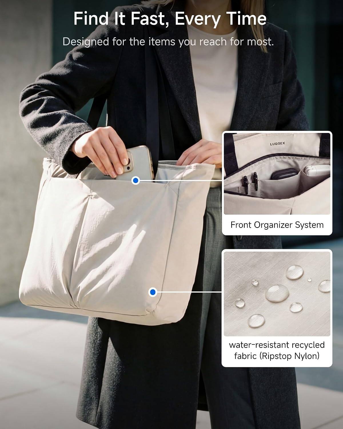 Find It Fast, Every Time  
Designed for the items you reach for most.  

LUGGEX  
Front Organizer System  
water-resistant recycled fabric (Ripstop Nylon)